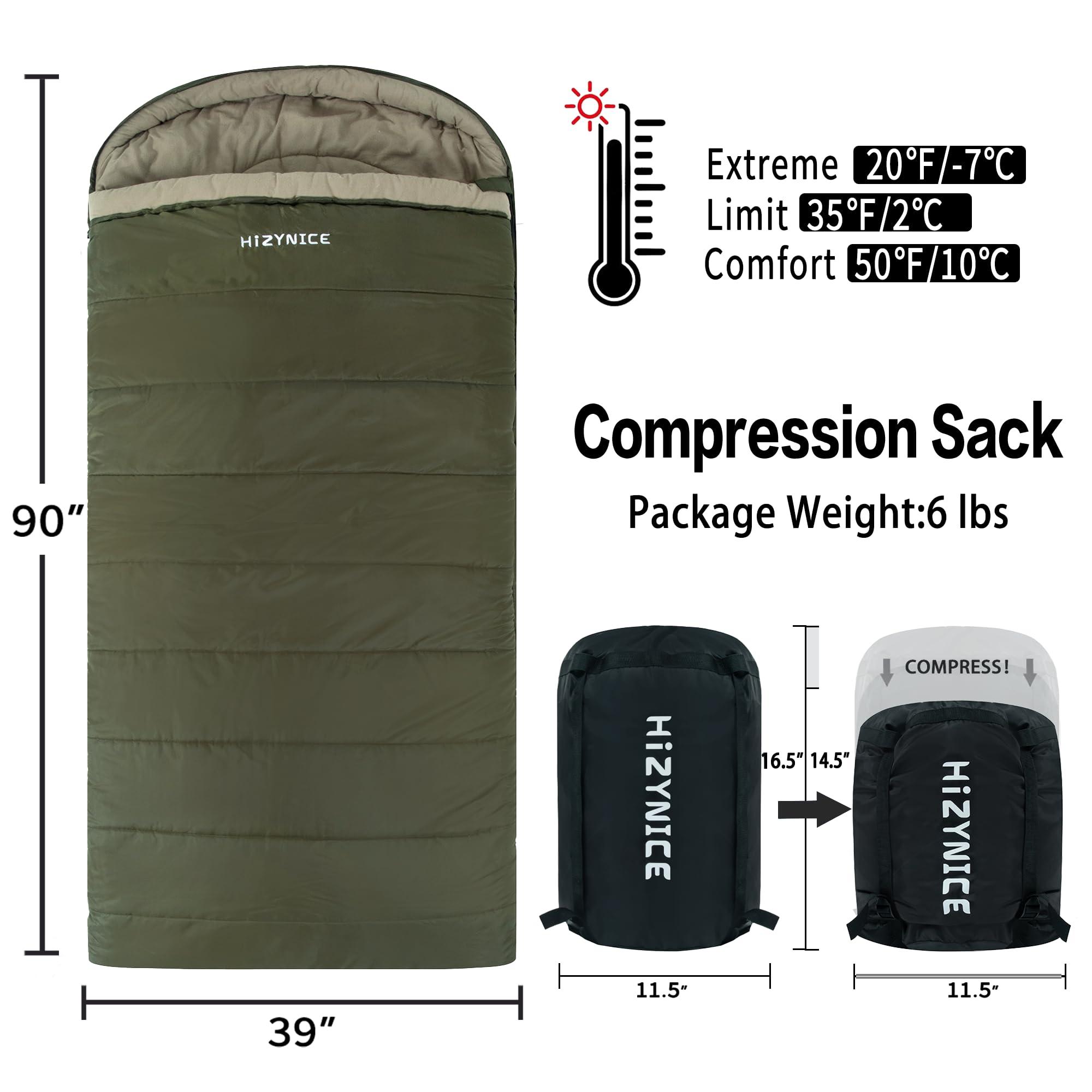HiZYNICE HiZYNICE Winter Sleeping Bag for Adults Cold Weather Camping XXL Wide Long.20 Degree Green Right Zip.Free Compression Sack