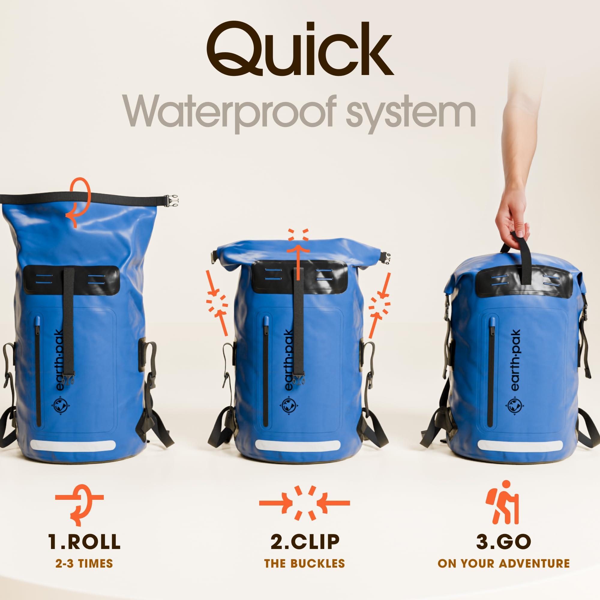 Earth Pak Earth Pak Waterproof Backpack - Heavy Duty Hiking Backpack - Roll-Top Closure - Waterproof Bag - Cushioned Dry Bags Waterproof w/ IPX8 Waterproof Phone Case - Wet Bag for Hiking, Kayak (Blue, 35L)