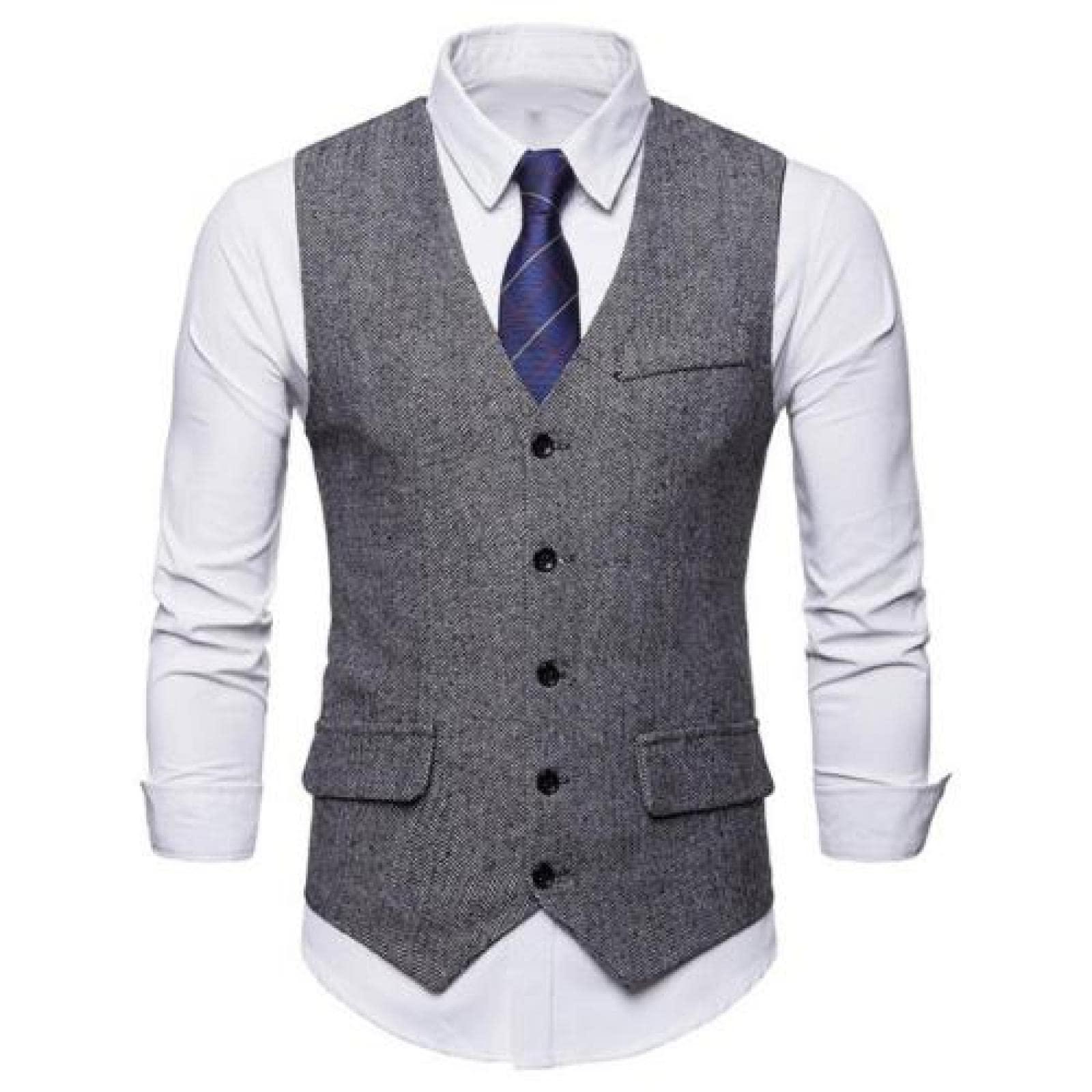 SHACE Men's Suit Vest - Men Autumn Sleeveless V Neck Lightweight Pockets Casual Single Breasted Herringbone Business Wedding Party Suit Waistcoat,Grey,M