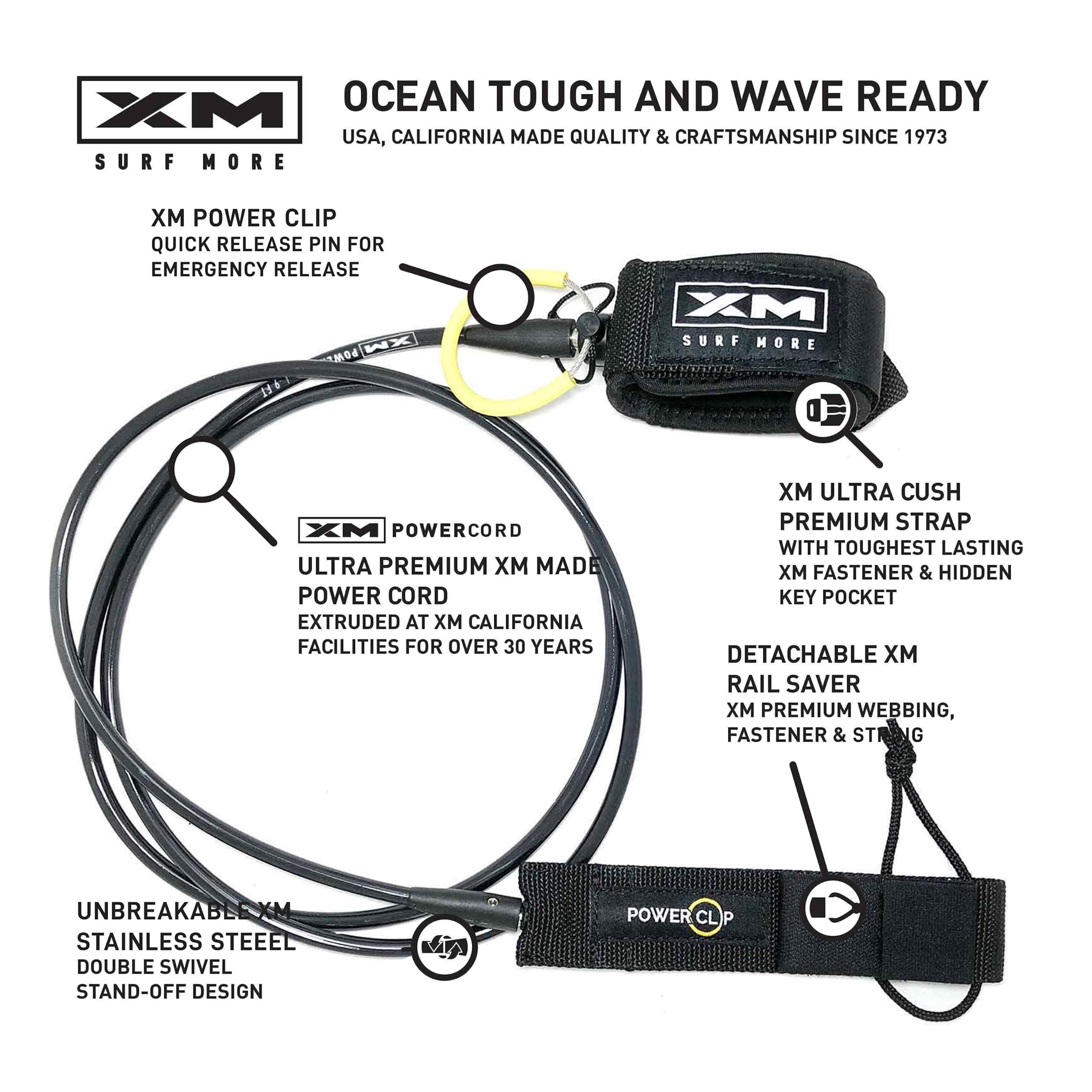 XM SURF MORE XM SURF River Power-Clip Surfboard Leash Knee/Calf, Detachable Ankle Clip, COMP Cord Thickness (.220 in.), Choose Length and Color, Key Pocket, Unbreakable Swivels, Detachable Railsaver, Made in USA