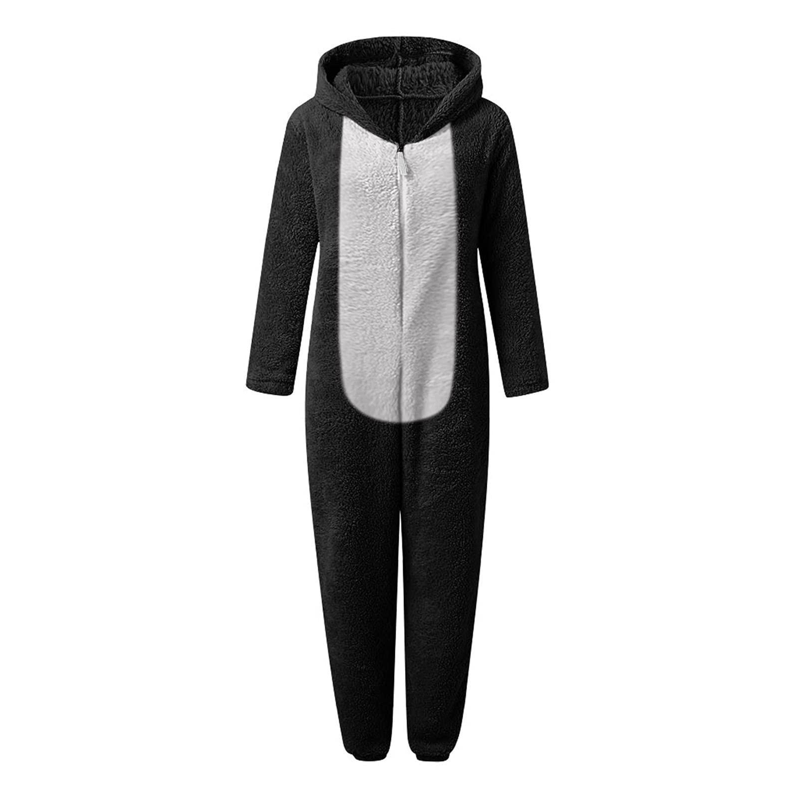Auwer Onesie Adult Pajamas Women Cute Animal Warm Sherpa One Piece Sleepwear Womens Hooded Jumpsuit Loungewear Black
