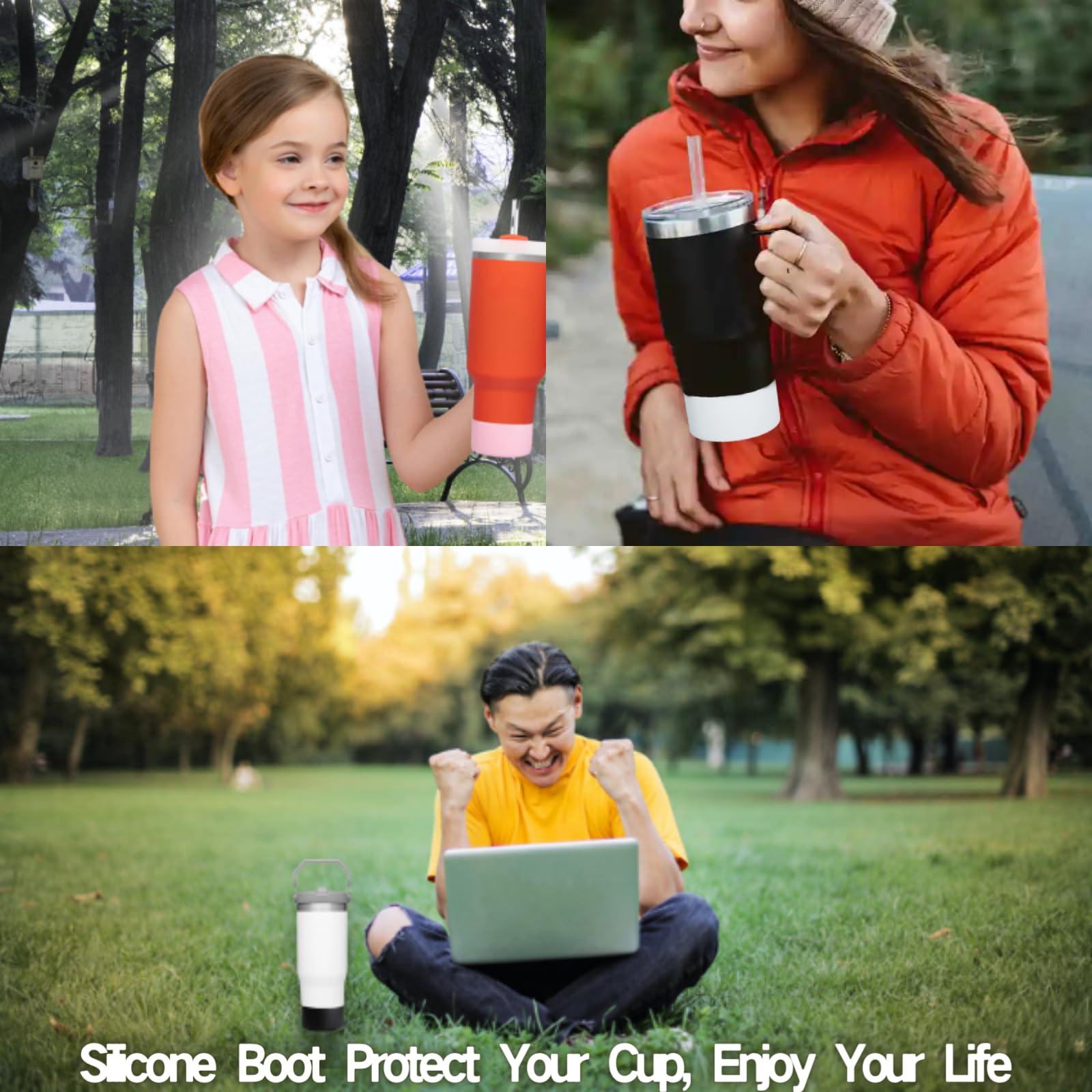 LONPARRY LONPARRY 2-Pack Stanley Cup Silicone Boot for Stanley Tumbler IceFlow 40oz Rubber Bottom Sleeve Protector for Stanley Owala Hydro Flask Tumbler 40oz Car Travel Cup Bottle Bottom (Black+Rouge Pink)