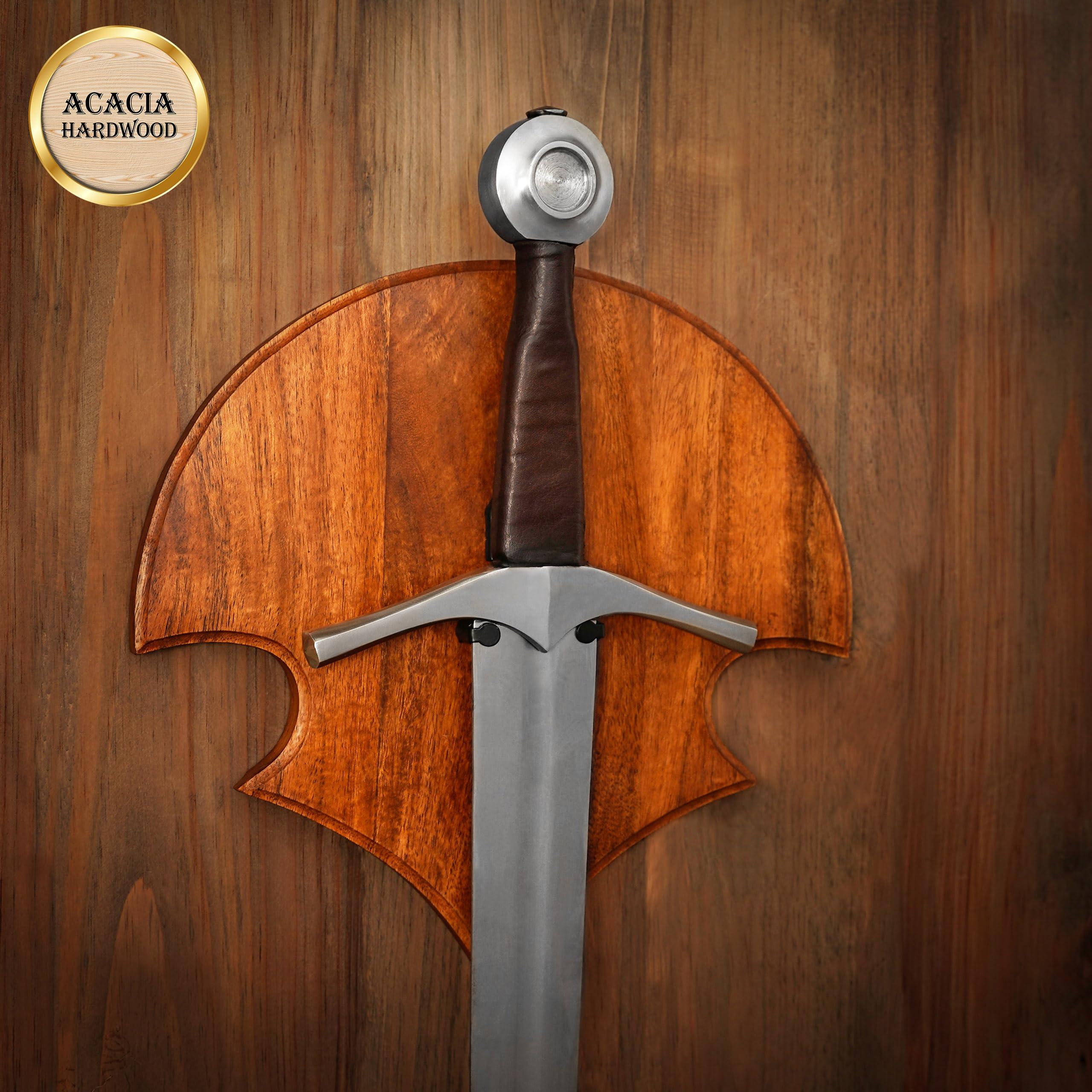 Mythrojan Mythrojan Wooden Sword Wall Mount Medieval Sword Plaque Sword Holder for Display Holder with Hardware Sword Hanger Wall Vertical Mount Single Rack Display Holder Home Dcor, Natural - 11.75\" x 11.75\"