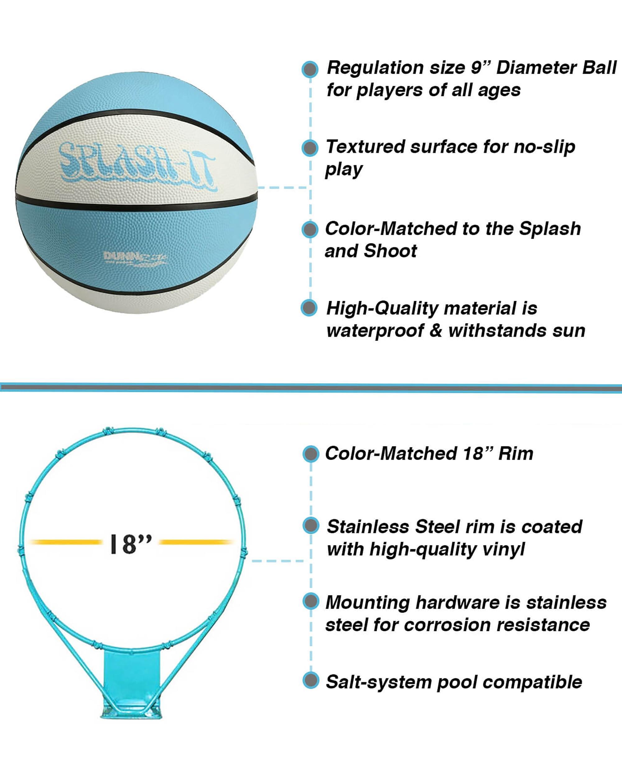 DUNNRITE Dunn-Rite Splash & Shoot Outdoor Adjustable Height Swimming Pool Basketball Hoop w/Ball, Base, & 18 Inch Stainless Steel Rim, Made in USA, Clear