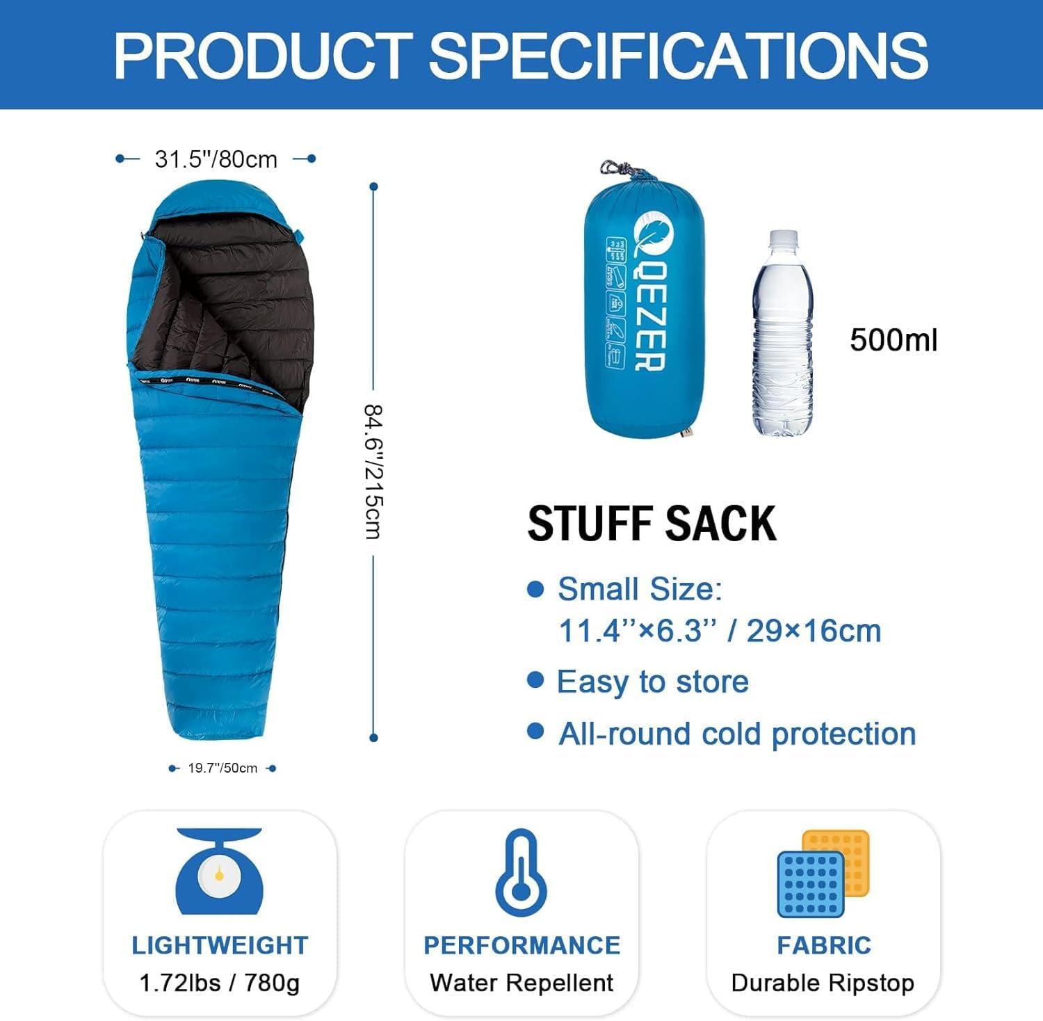 QEZER QEZER Ultralight Down Sleeping Bag for Adults 37-60 Degree F with 600 Fill Power, Compact Summer Sleeping Bag with Compression Sack for Backpacking, Hiking and Camping