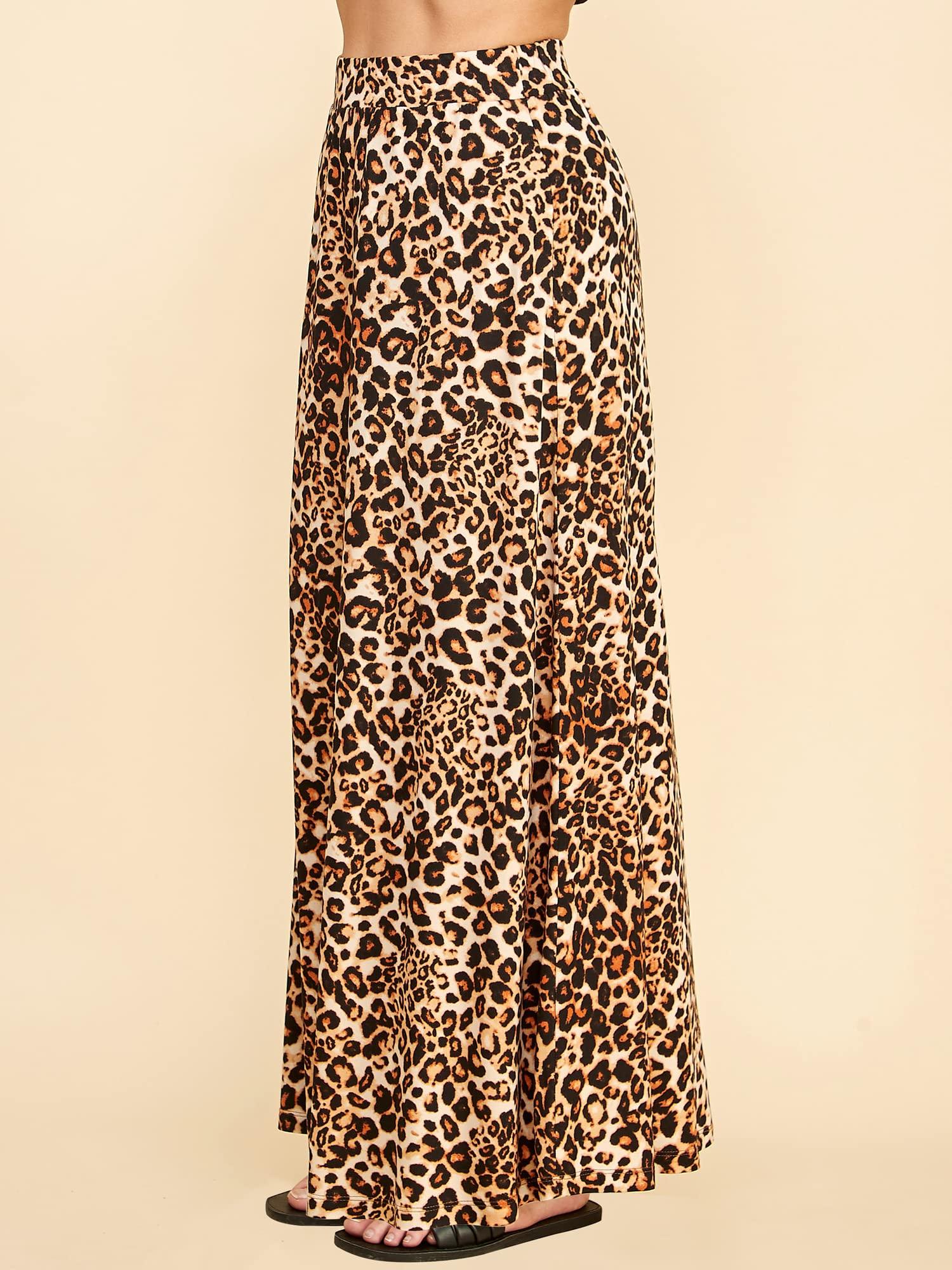 Lock and Love LL WDR1434 Womens Leopard Print Maxi Skirt with Elastic Waist Band XL Leopard