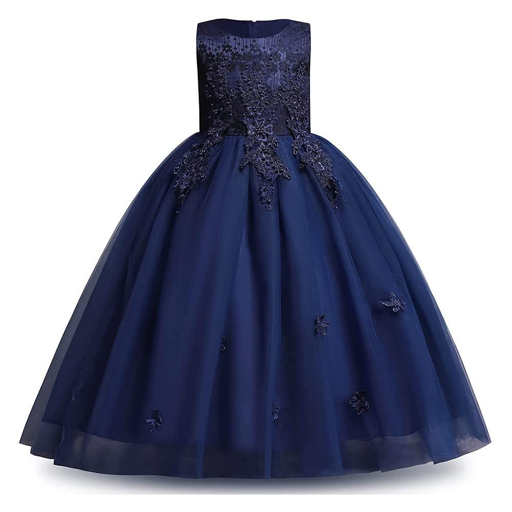 MYRISAM MYRISAM Girls Embroidered Lace Flower Dress Sleeveless Wedding Party Prom Princess Birthday Pageant Evening Long Tulle Gown Navy Blue 12-13T