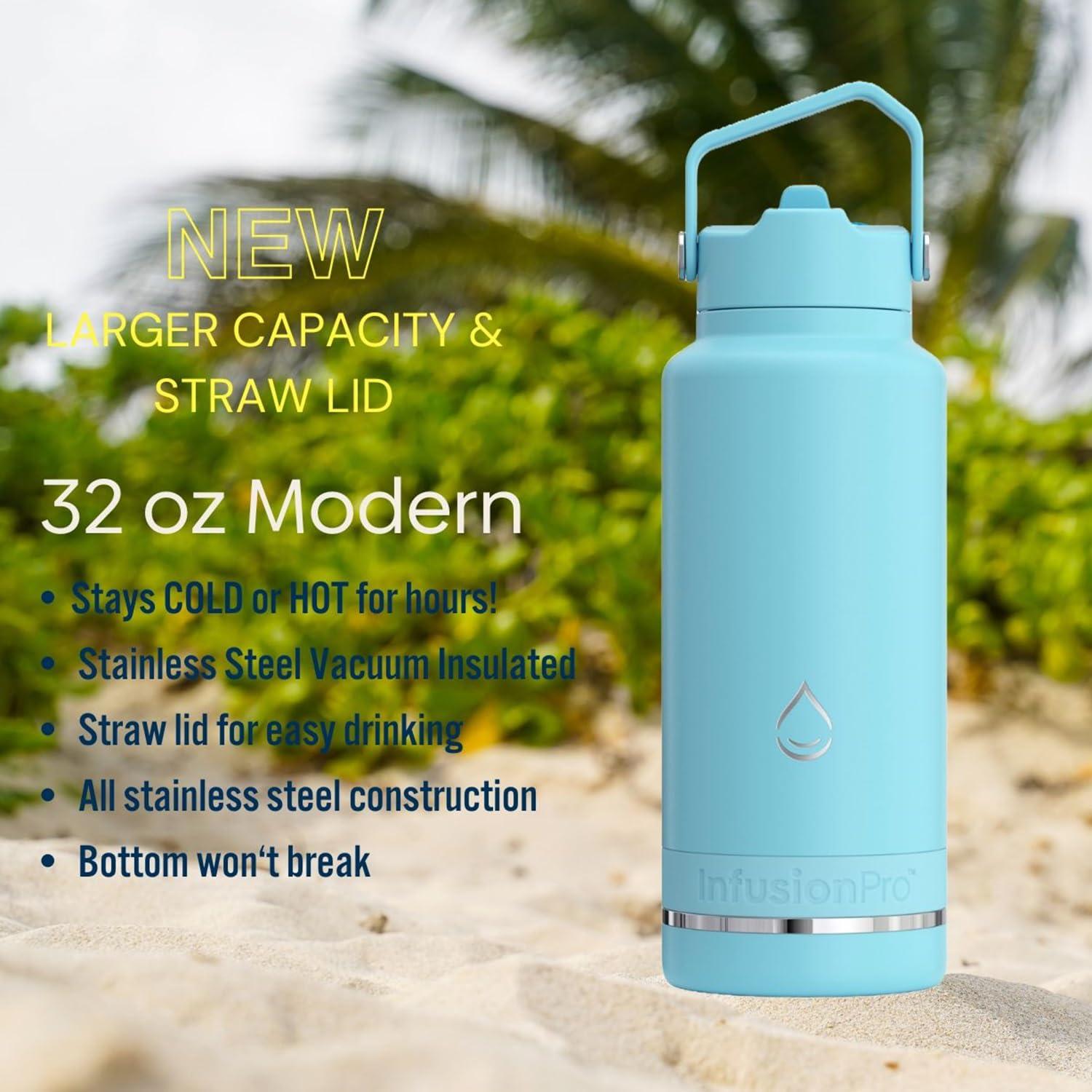 Infusion Pro Infusion Pro Fruit Infuser Water Bottle with Straw Lid (32 oz) Stainless Steel Vacuum Insulated : 50 Recipe Fruit Infusion eBook : More Flavor : Easy Cleaning : Great Gift