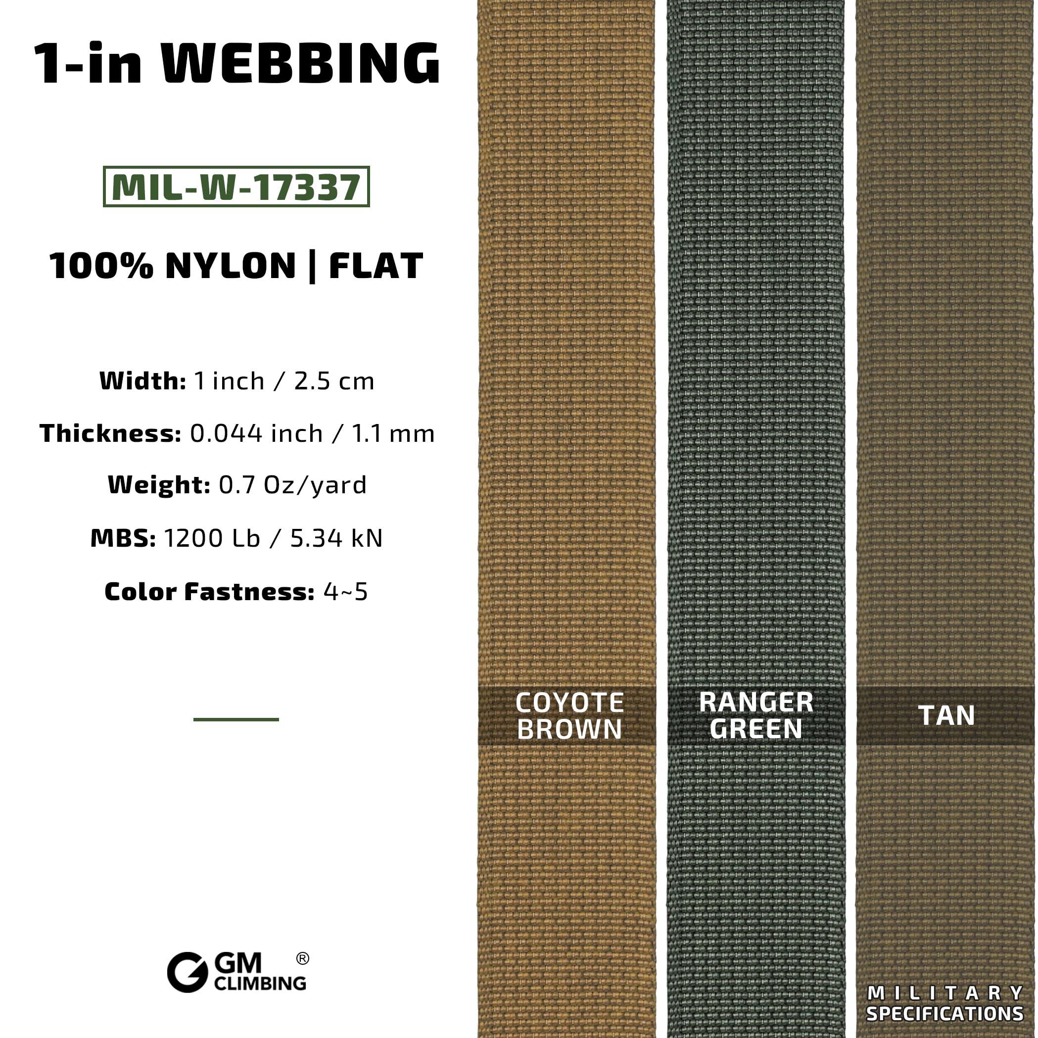 GM CLIMBING GM CLIMBING MIL-W-17337 Nylon Webbing Flat MilSpecs 1200Lbs for Tactical Goods, Backpack Straps, Loops, Slings, PALS MOLLE Webbing Adapter 1 inch x 30Ft / 10 Yards Ranger Green