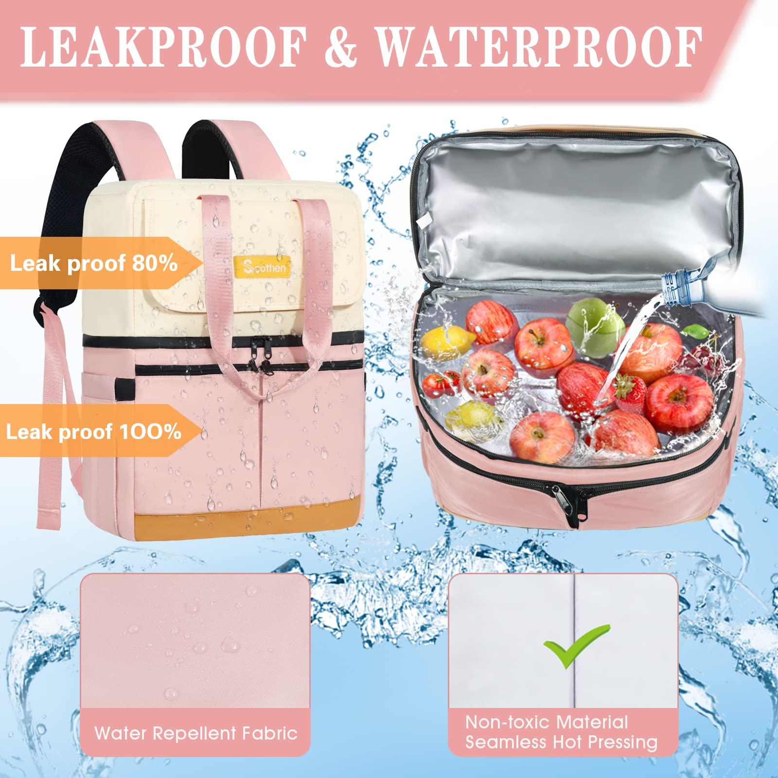 Scothen Scothen Backpack Cooler with Double Decker & 12 Ice Packs- Keeps 36 Cans Cold for Up to 8 Hours- Waterproof & Leak Proof Insulated Cooler Backpack- Stylish Cooler Bookbag for Women Travel Work Beach