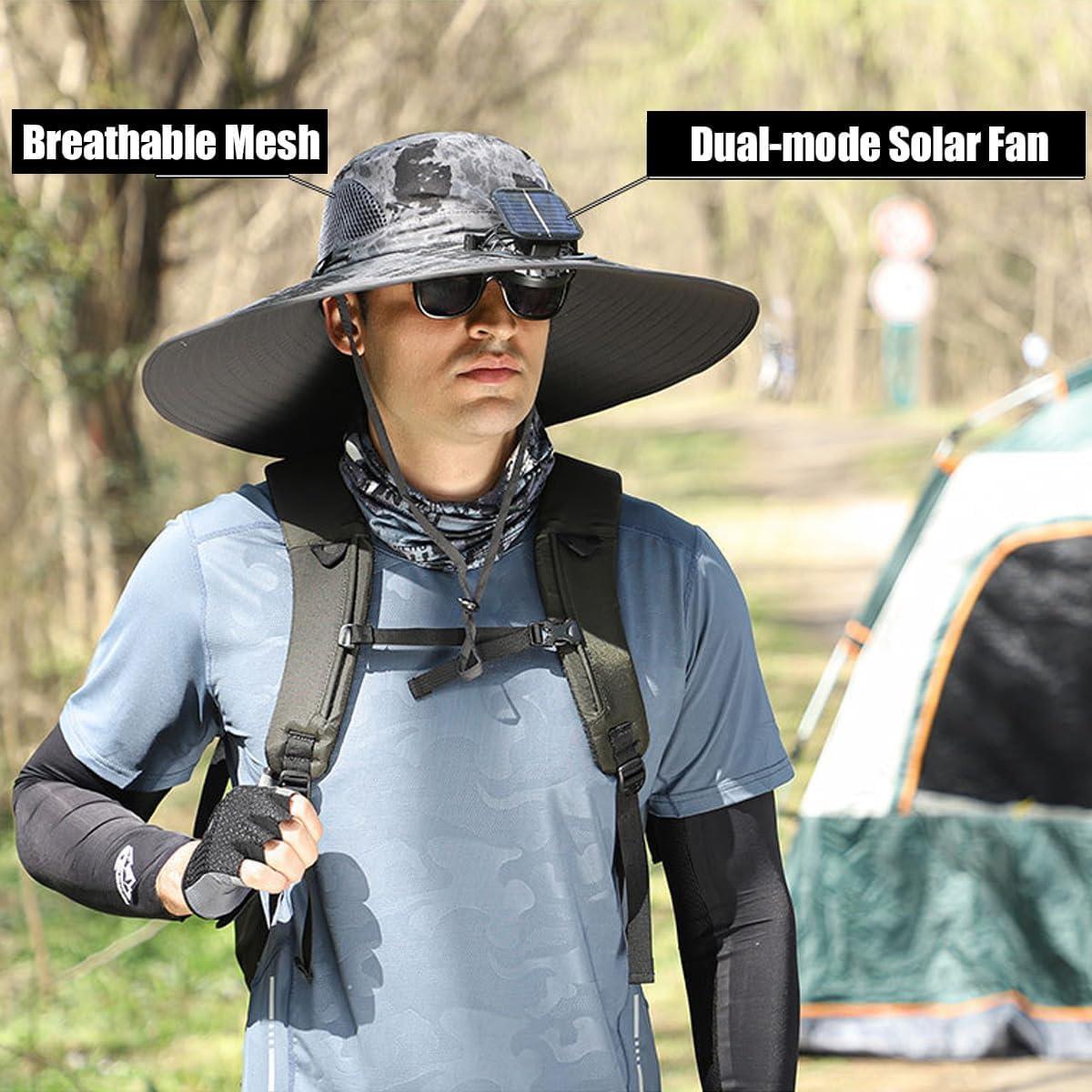 Inalsion Inalsion Wide Brim Solar Fan Hat, Wide Brim Solar Fan Outdoor Fishing Hat-Solar & USB Charging, Solar Powered Fan Hat (Light Gray,One Size)