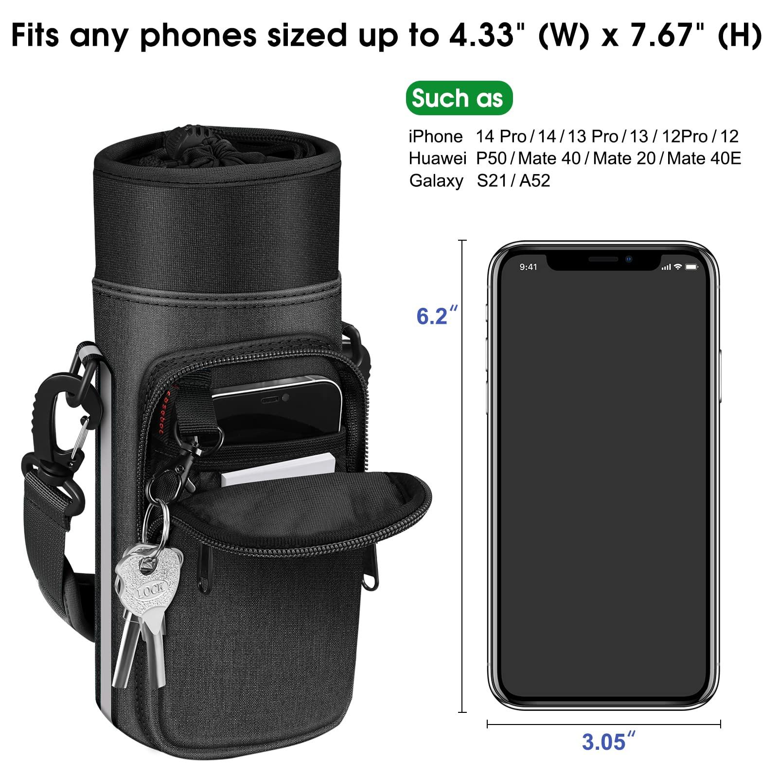 CaseBot CaseBot Water Bottle Carrier Bag Sling Case, Sports Water Bottle Pouch Holder Sleeve with Adjustable Shoulder Hand Strap and 2 Pockets for Men Women Hiking Camping Travelling, Black