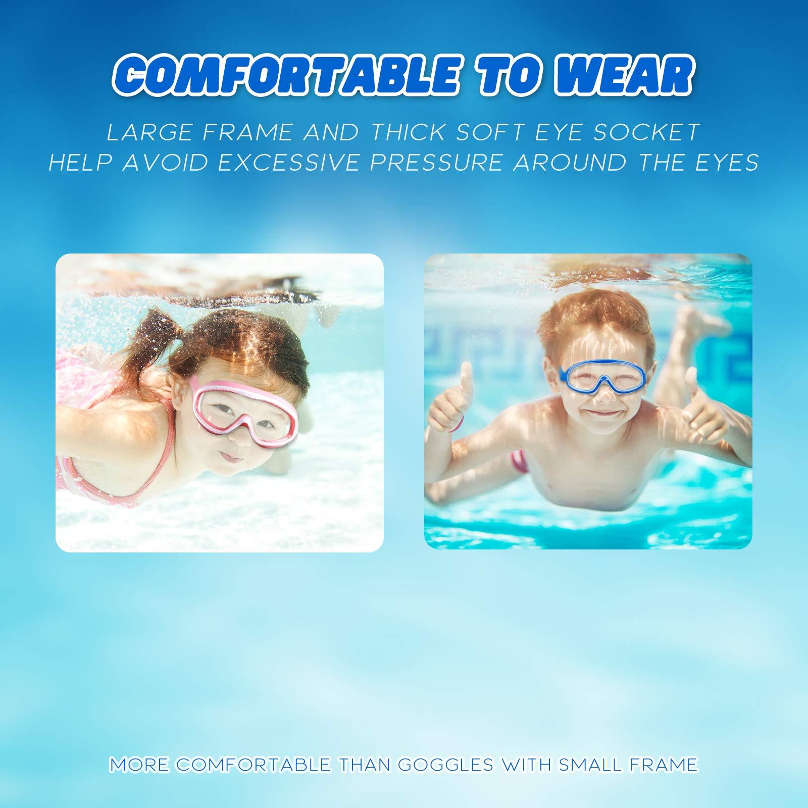 KAILIMENG KAILIMENG 2 Pack Kids Swim Goggles, Clear Wide View No-Leak Anti-Fog UV Protection Swimming Glasses with Nose Clip Earplugs for Toddlers Youth Child 3-15 Years Old (Pink & Red Blue, 2 Pack)