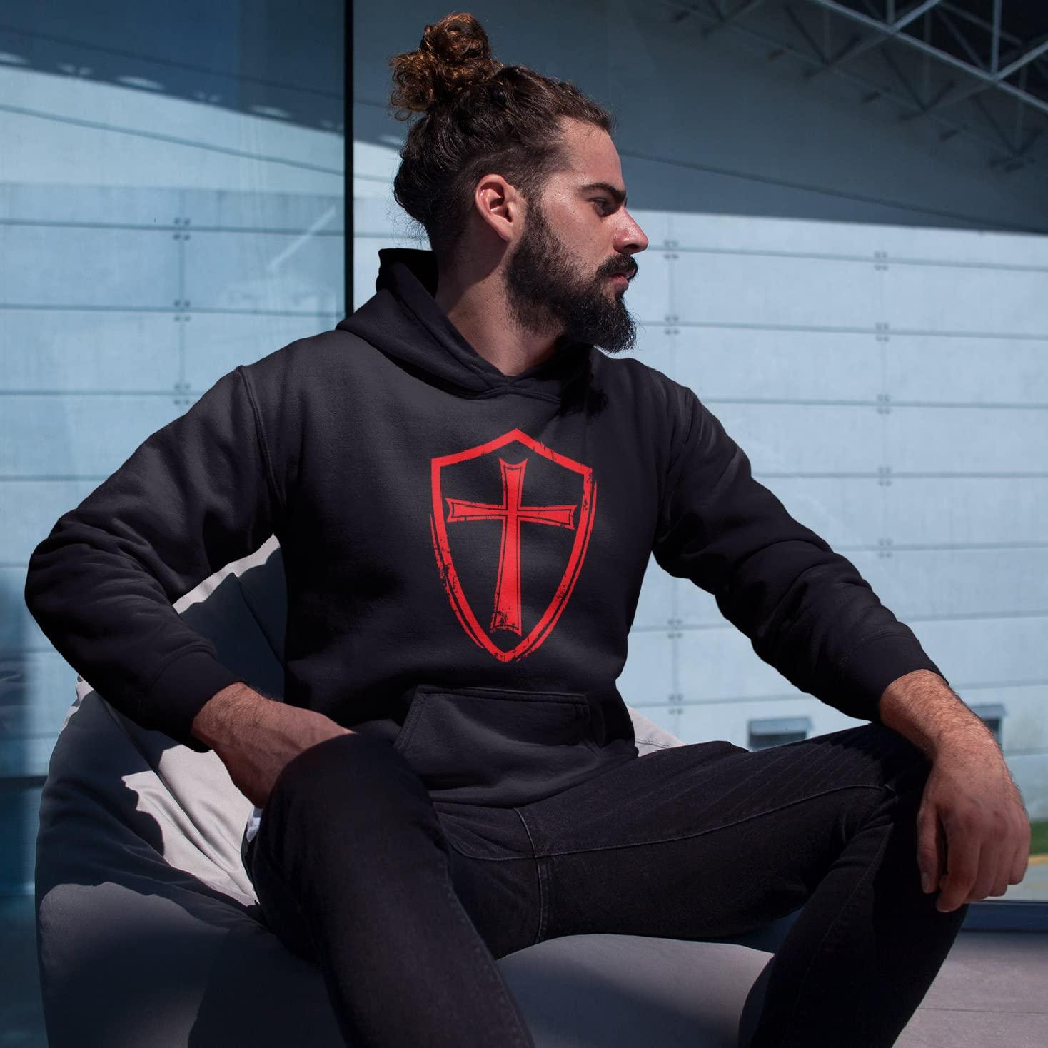 lepni.me lepni.me Hoodie Sweatshirt Knights Templar Soldiers of Christ Crusader Cross Shield (S Black White)