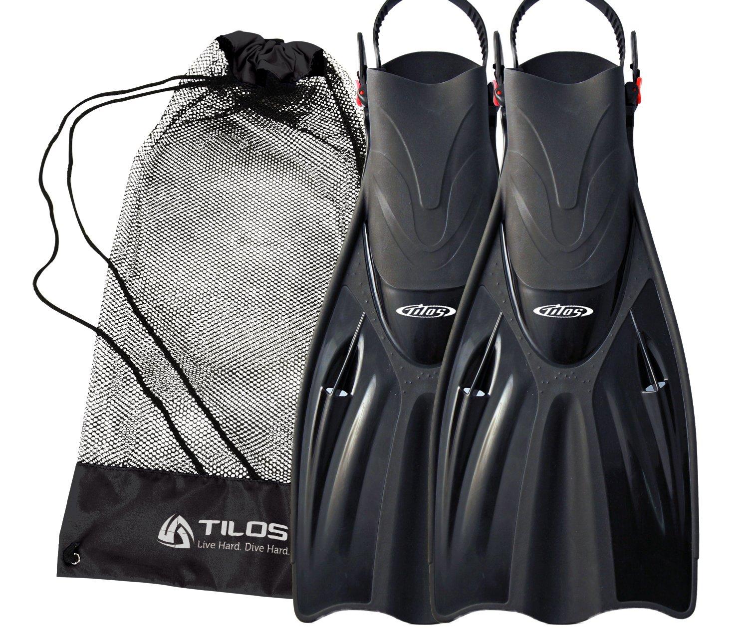 Tilos Tilos Getaway Large Open Heel Snorkeling Fins - Travel-Friendly, Adjustable Flippers for Wide Feet (Black, S/M (4.5 - 8.5))