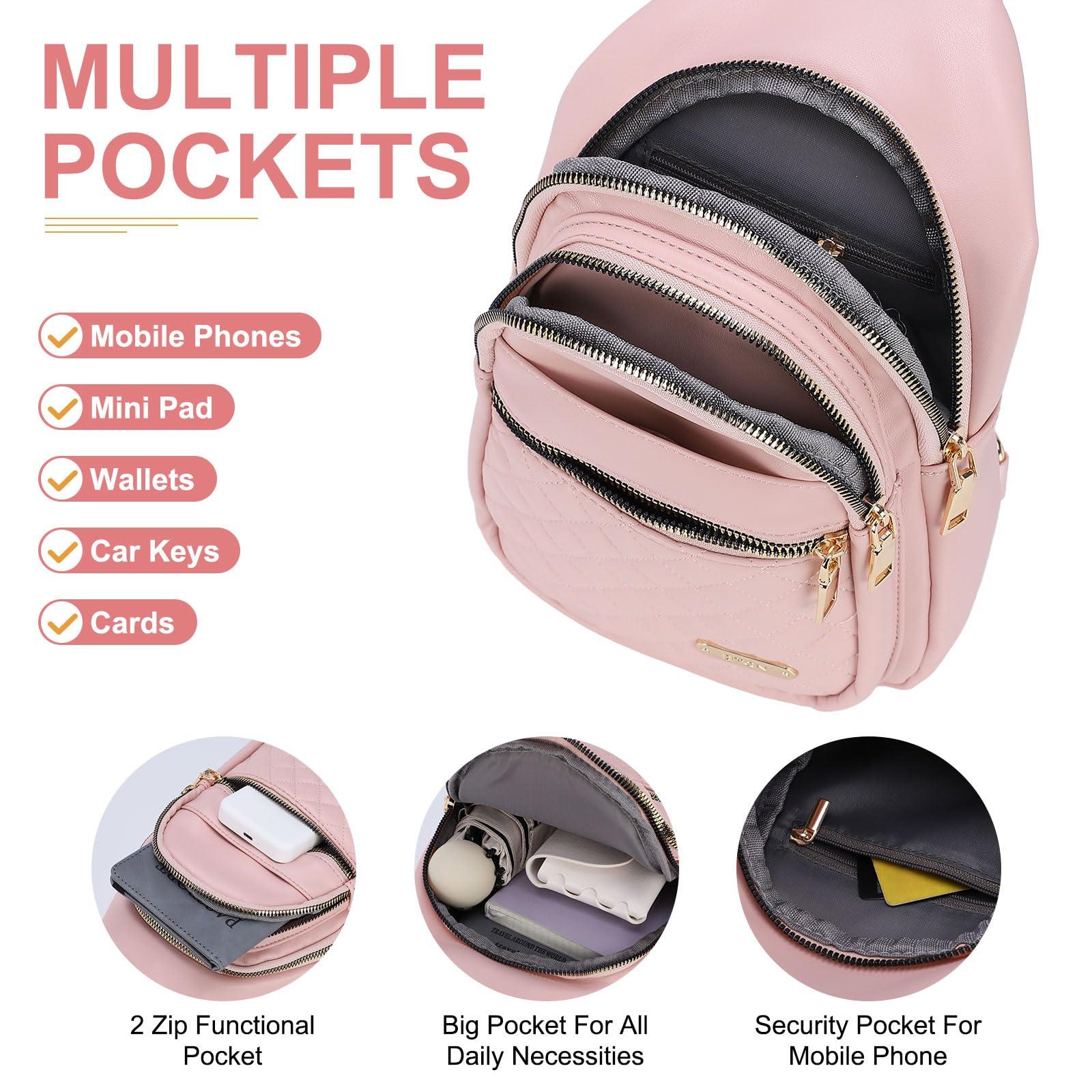 DTGN DTGN PU Leather Small Sling Bag Mini Crossbody Backpack Daypack - 7.9" Good for Hiking Travel Running Cycling Sports - Pink