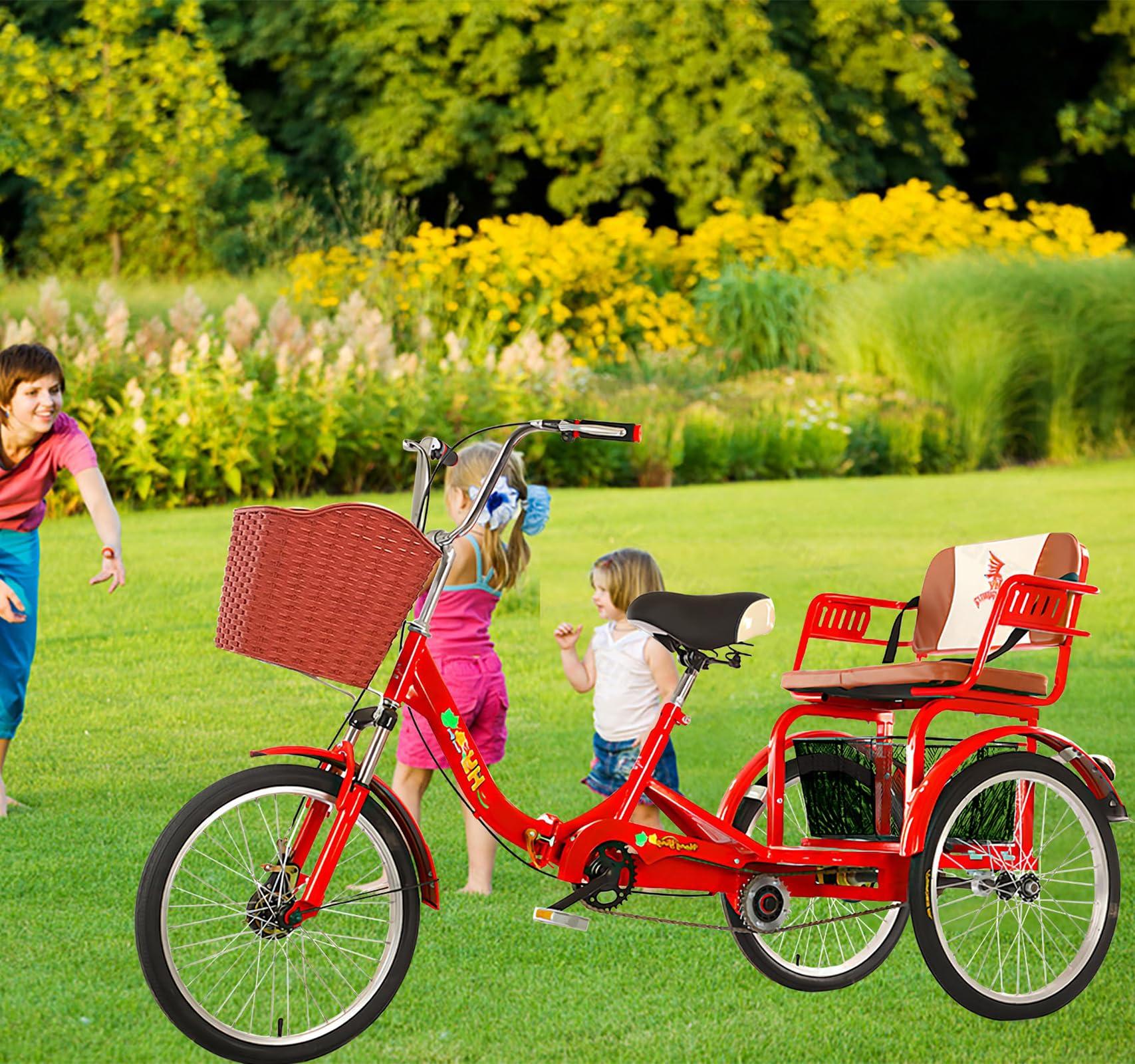 DONGSHAN Adult Tricycle Folding Bicycle Comfortable seat 3 Wheel Bicycle Rear Enlarged Vegetable Basket Double Chain 20inch Shock Absorber Front Fork for Parents and Children Maximum Load 440lbs (Red)