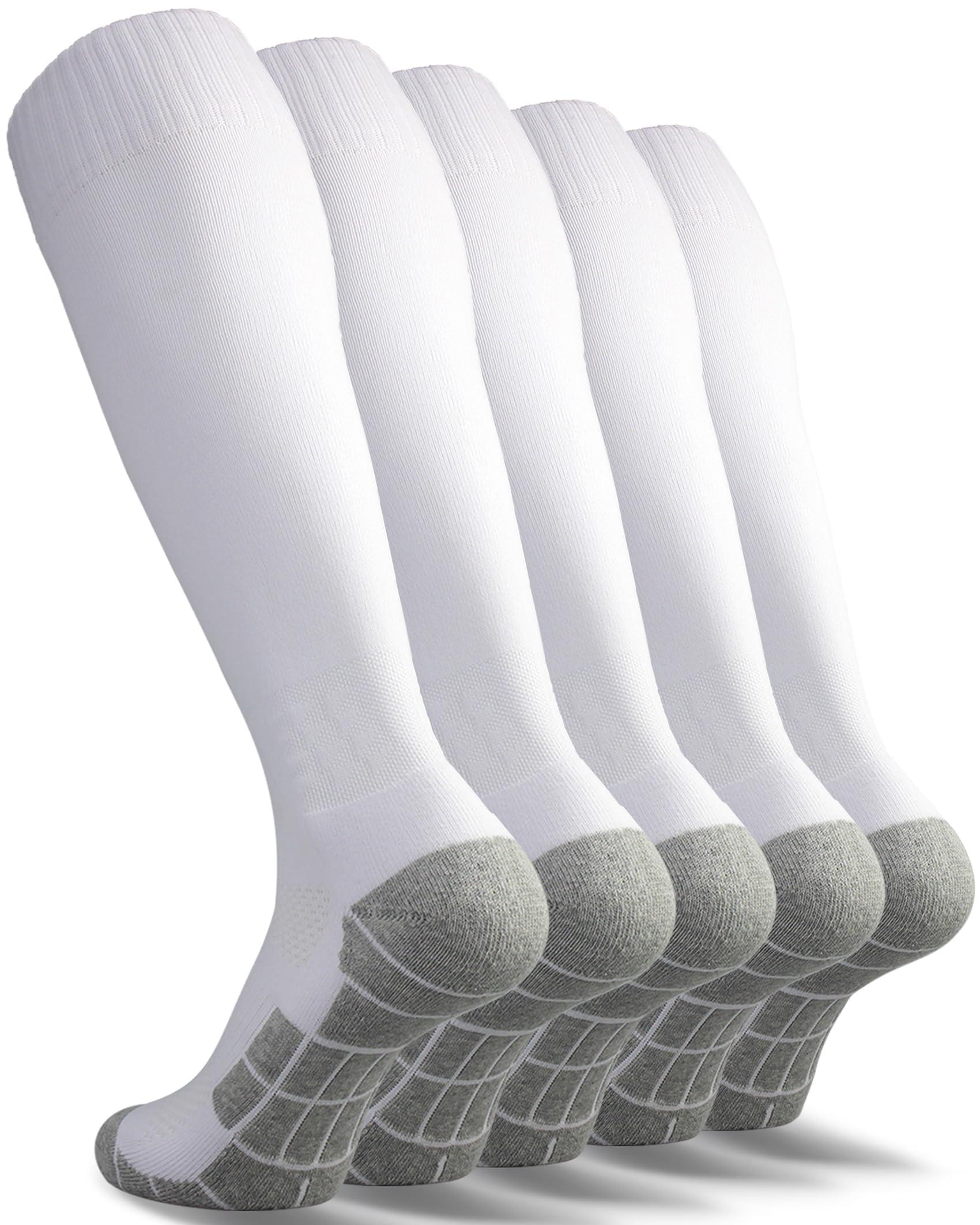 CWVLC CWVLC Boy's Soccer Socks Youth 5 Pairs Rugby Sport Team Athletic Knee High Long Tube Cotton Compression Socks White Small (3Y-5Y Youth/ 4-6 Women)
