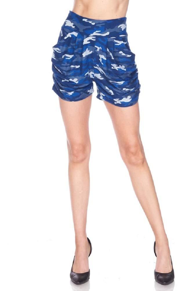 New Mix New Mix Premium Ultra Soft Brushed Yummy Print Harem Shorts with Pockets (Small/Medium, Blue Grid Camo)