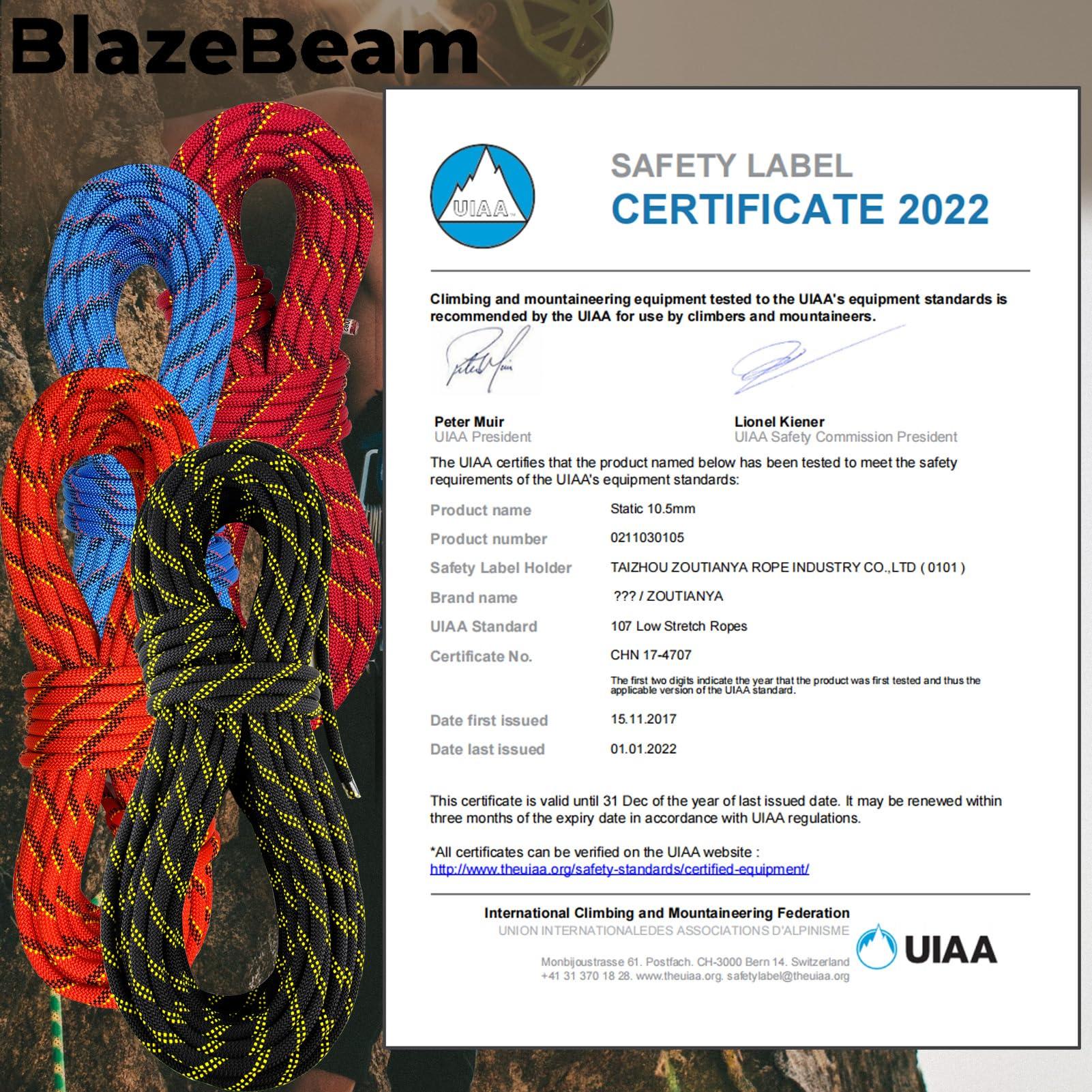 BlazeBeam BlazeBeam Static Climbing Rope 10.5mm UIAA Static Line Rappelling Rope 45M (150ft) Nylon Kern Mantle Rope for Escape Rope Rock Climbing, Mountain Tree Climbing, Hauling, Rescue