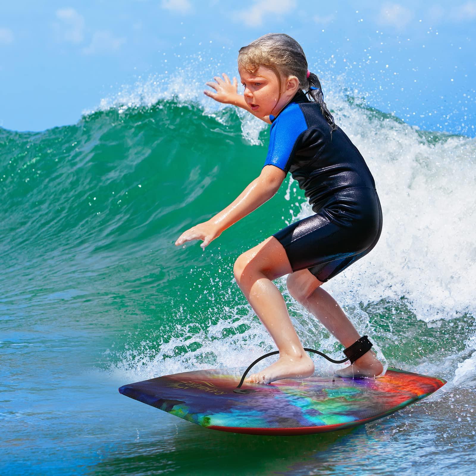 RAYWER RAYWER Body Board Lightweight with EPS Core, HDPE Slick Bottom , Leash & Adjustable Wrist Rope, Great Surfing for Kids and Adults (Sky, 33-INCH)