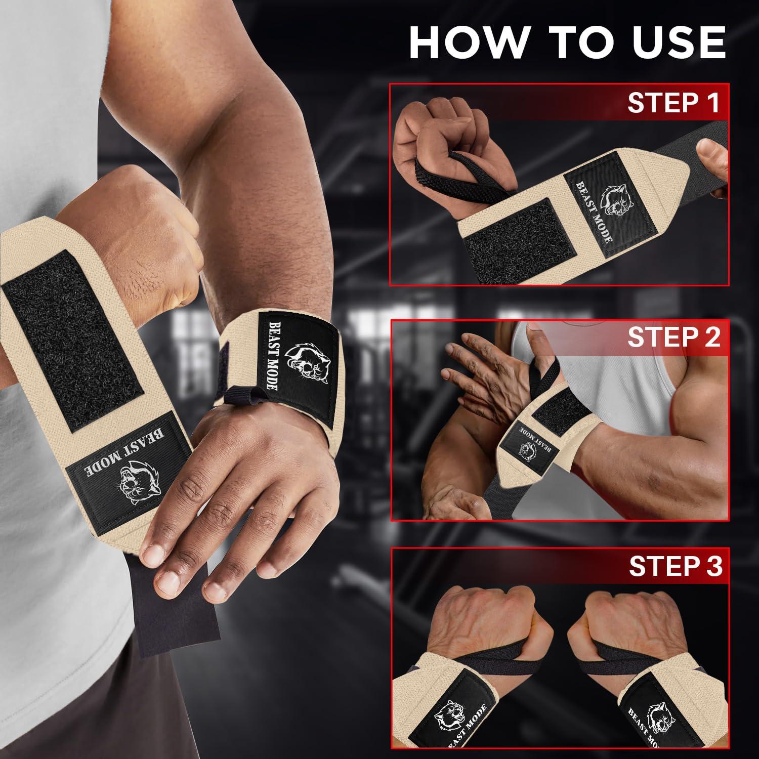 TECEUM TECEUM Weightlifting Wrist Wraps with Thumb Loop Beige Beast Mode 12 inch Heavy-Duty Workout Wrist Support & Protection Ideal for Powerlifting, Strength Training, Bodybuilding