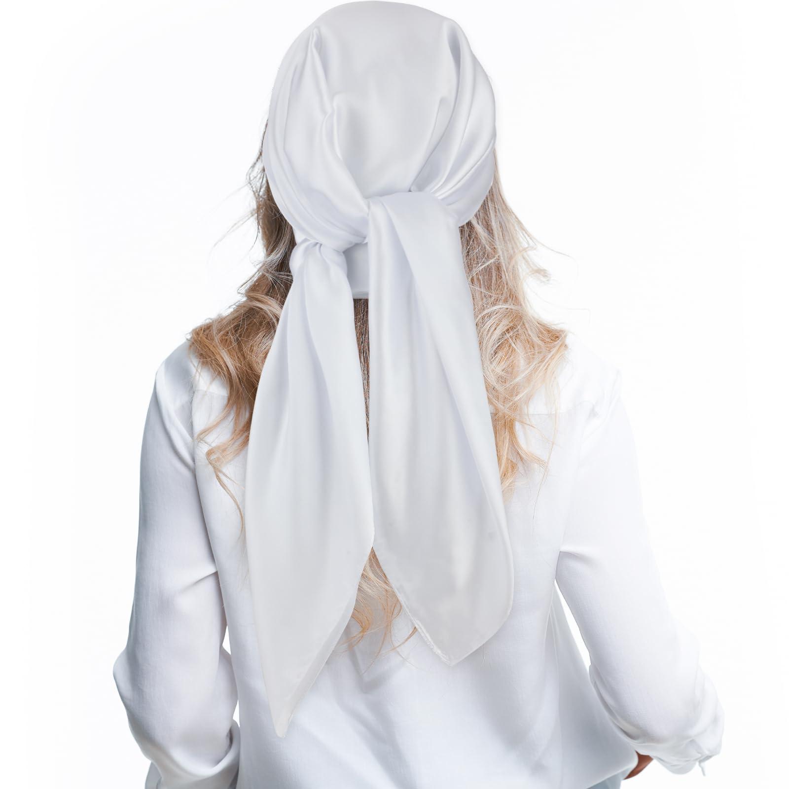 Andibro Andibro 35" Large Square Satin Head Scarf, Silk Shiny Solid Color Head Scarves Sleeping Head Wraps for Women Hair Bandana (White)
