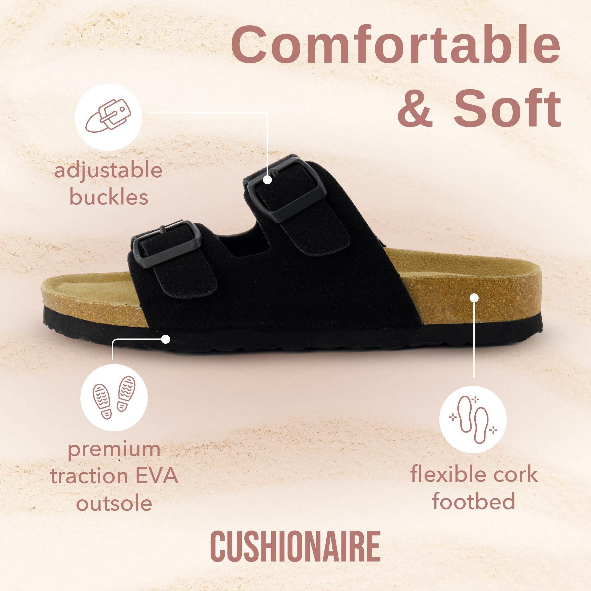 CUSHIONAIRE CUSHIONAIRE Lane Cork Footbed Sandals for Women Comfortable Double Buckle Slip-On with Genuine Suede Footbed & Arch Support Slides for Women Footwear, BLACK 7