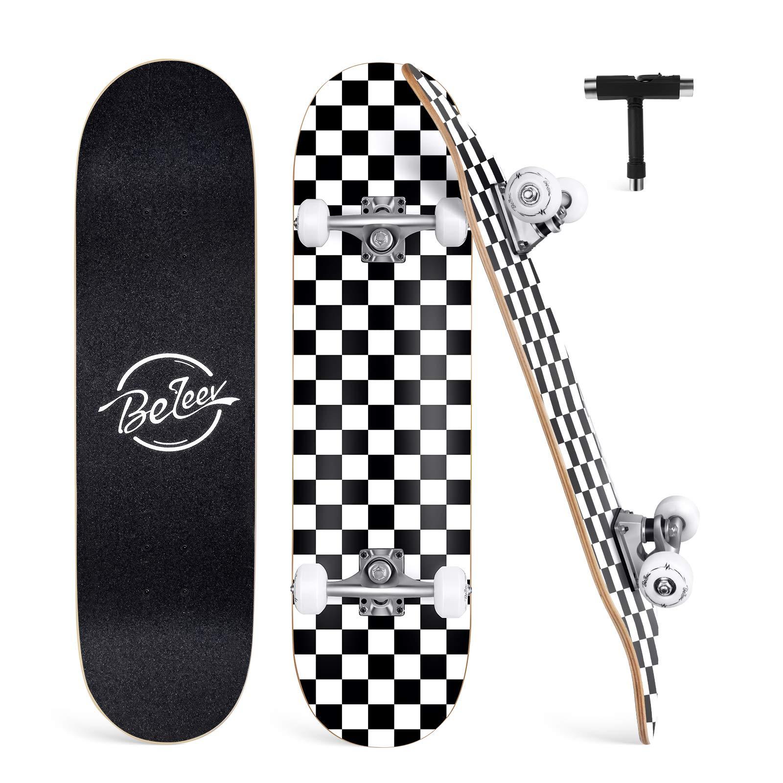 BELEEV BELEEV Skateboards for Beginners, 31 Inch Complete Skateboard for Kids Teens Adults, 7 Layer Canadian Maple Double Kick Deck Concave Cruiser Trick Skateboard (Black White)