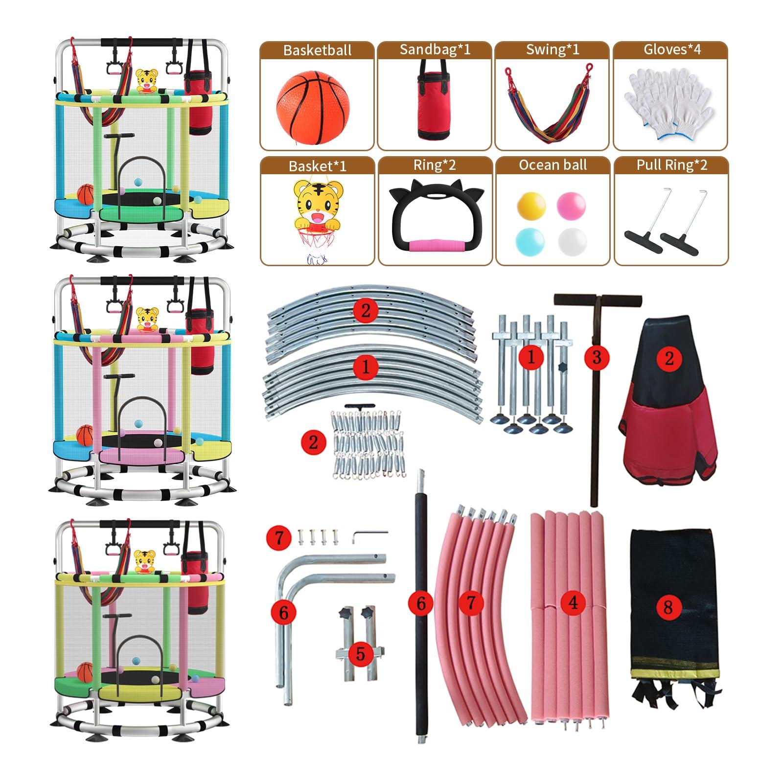 BLINWORLD Trampoline for Kids, Update T-handrail Adjustable Baby Toddler Trampoline with Basketball Hoop, 440lbs Anti-Rollover Round Bottom Indoor Outdoor Toddler Trampoline with Enclosure (Light Green Pink)