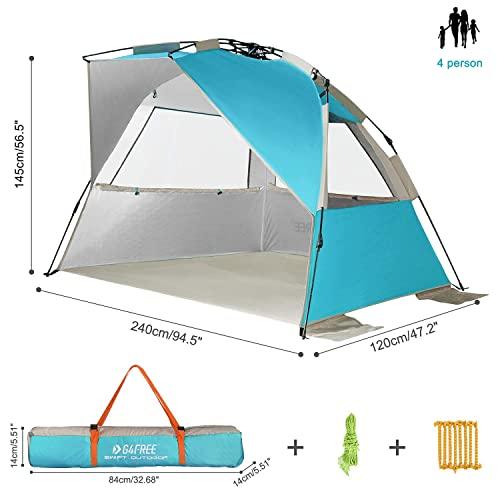 G4Free G4Free Easy Set up Beach Tent Deluxe XL, Portable Beach Shade 4 Person Pop up Sun Shelter UPF 50+ UV Protection Large Family Size(Lake-Blue)
