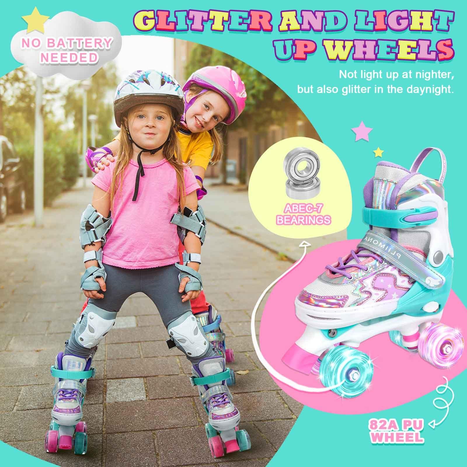 PLIIMONA Kids Roller Skates for Girls Boys Ages 5-8, Toddler Roller Skates for Ages 8-12, 4 Size Adjustable Light Up Wheels Rollerskates for Beginners Outdoor Indoor