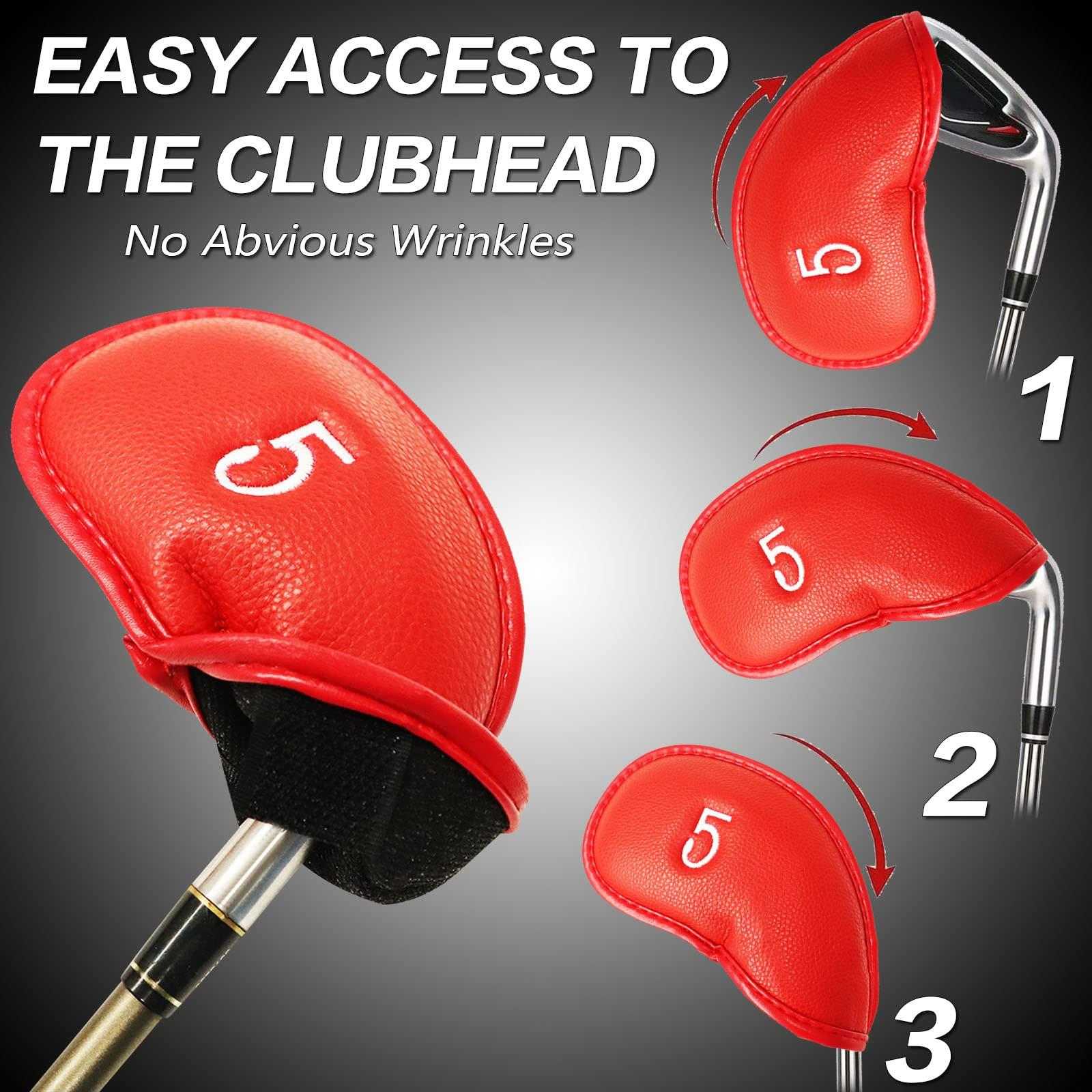 FINGER TEN FINGER TEN Golf Iron Head Covers Value 8/11/12 Piece Set, Synthetic Leather Deluxe Club Headcover, Universal Fit Main Iron Clubs Gift Set (1 Side-Red)