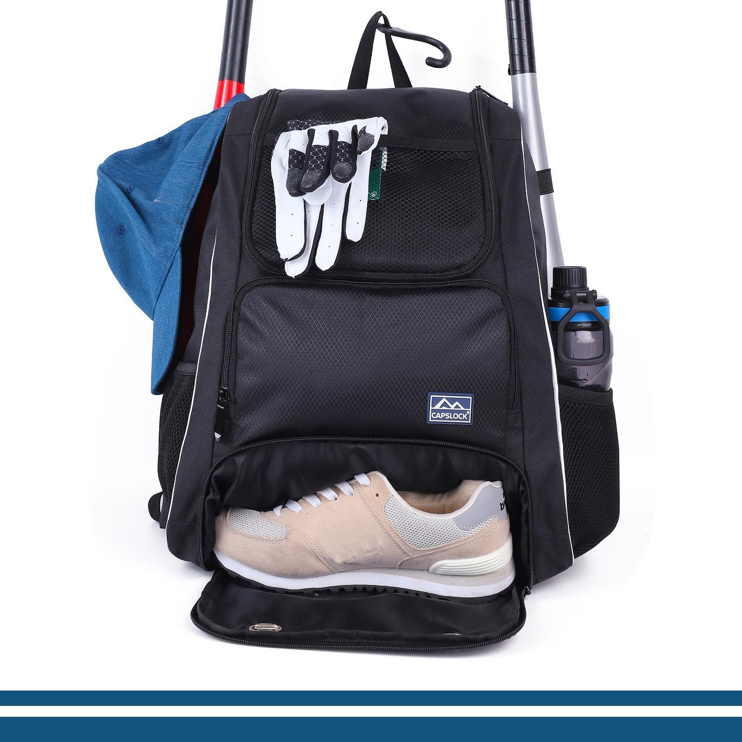CapsLock Baseball Bat Bag Backpack,T-Ball & Softball Bat Bag with Shoes Compartment for Youth and Adult, Lightweight Baseball Bag with Fence Hook Hold Bat, Batting Mitten, Helmet, Caps, Teeball Gear