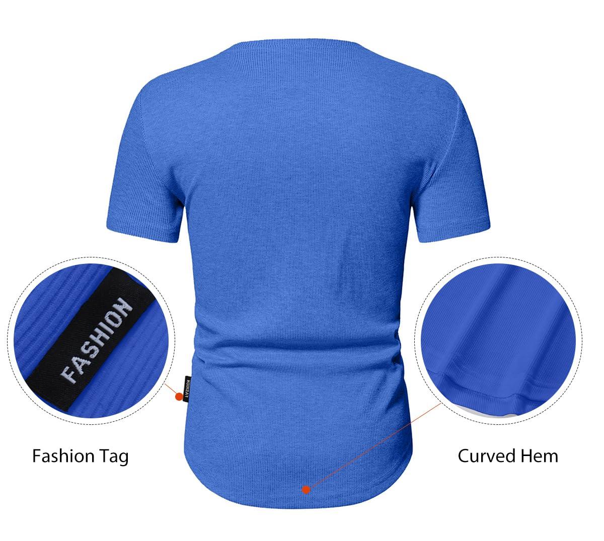 JMIERR JMIERR Mens Muscle Slim Fit Button Henley Shirts Summer Crewneck Short Sleeve Longline Fitted T-Shirt Gym Workout Athletic Tee Shirt for Men, XL, Blue2