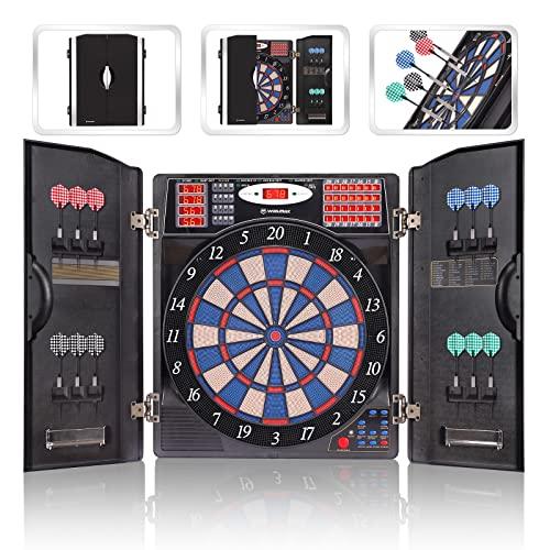 WIN.MAX WIN.MAX Electronic Dart Board Cabinet Set, LED Electric Digital Soft Tip Dart Boards for Adults with Cabinet, up to 16 Players, 38 Games and 211 Variations with 12 Soft Tip Dartboard Set (Silver)