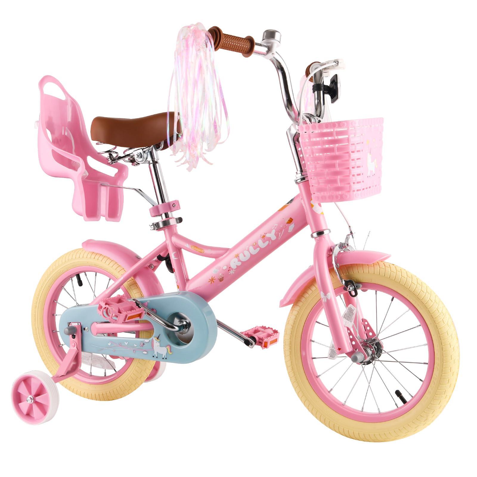 RULLY RULLY 12 Inch Kids Bike for 2 3 4 Years Girls with Training Wheels & Front Handbrake, Kids Bicycle with Basket Bike Streamers Toddler Cycle Bikes, Pink