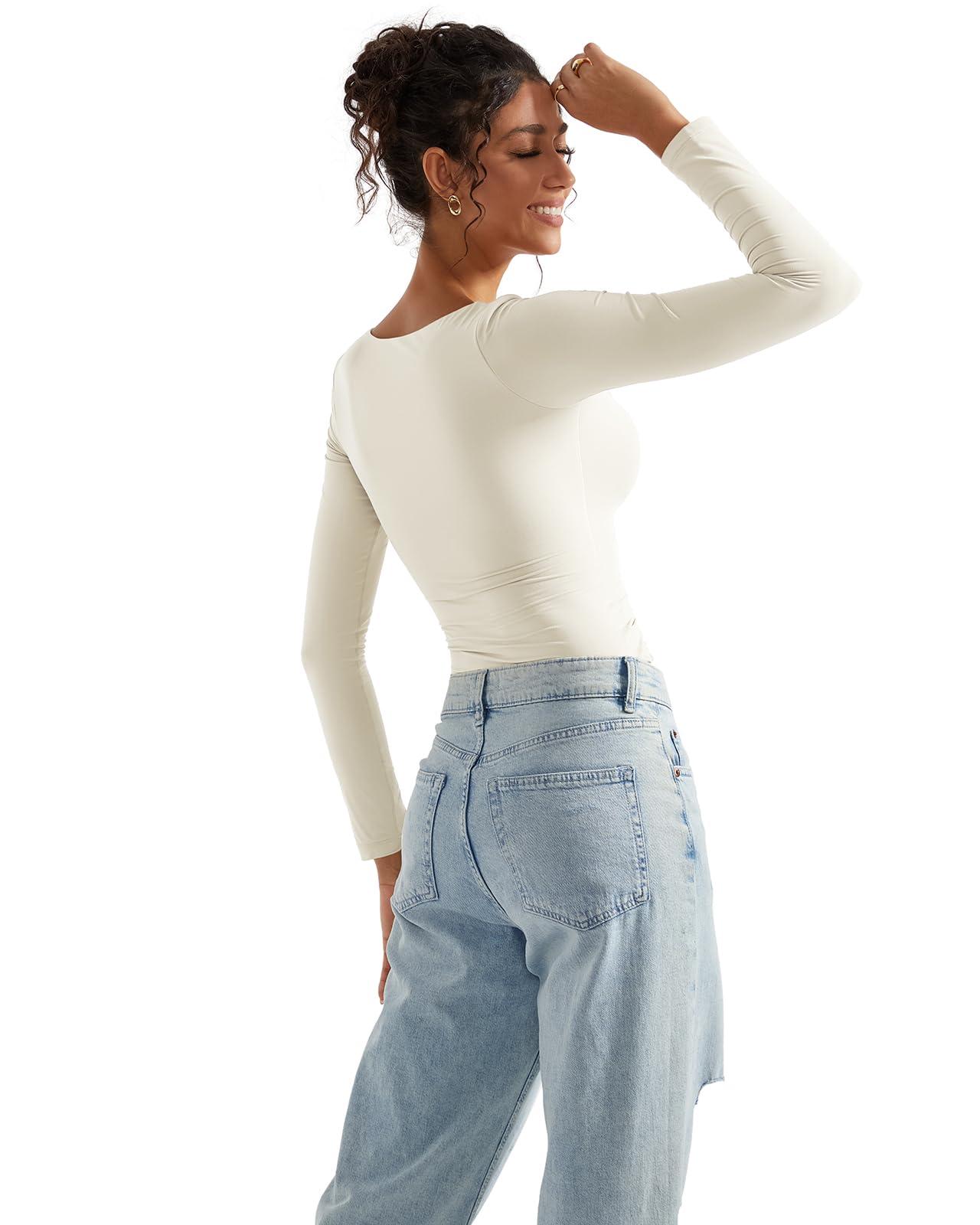 SUUKSESS SUUKSESS Women Double Lined Fitted Basic T Shirts Scoop Neck Long Sleeve Crop Top (White, S)