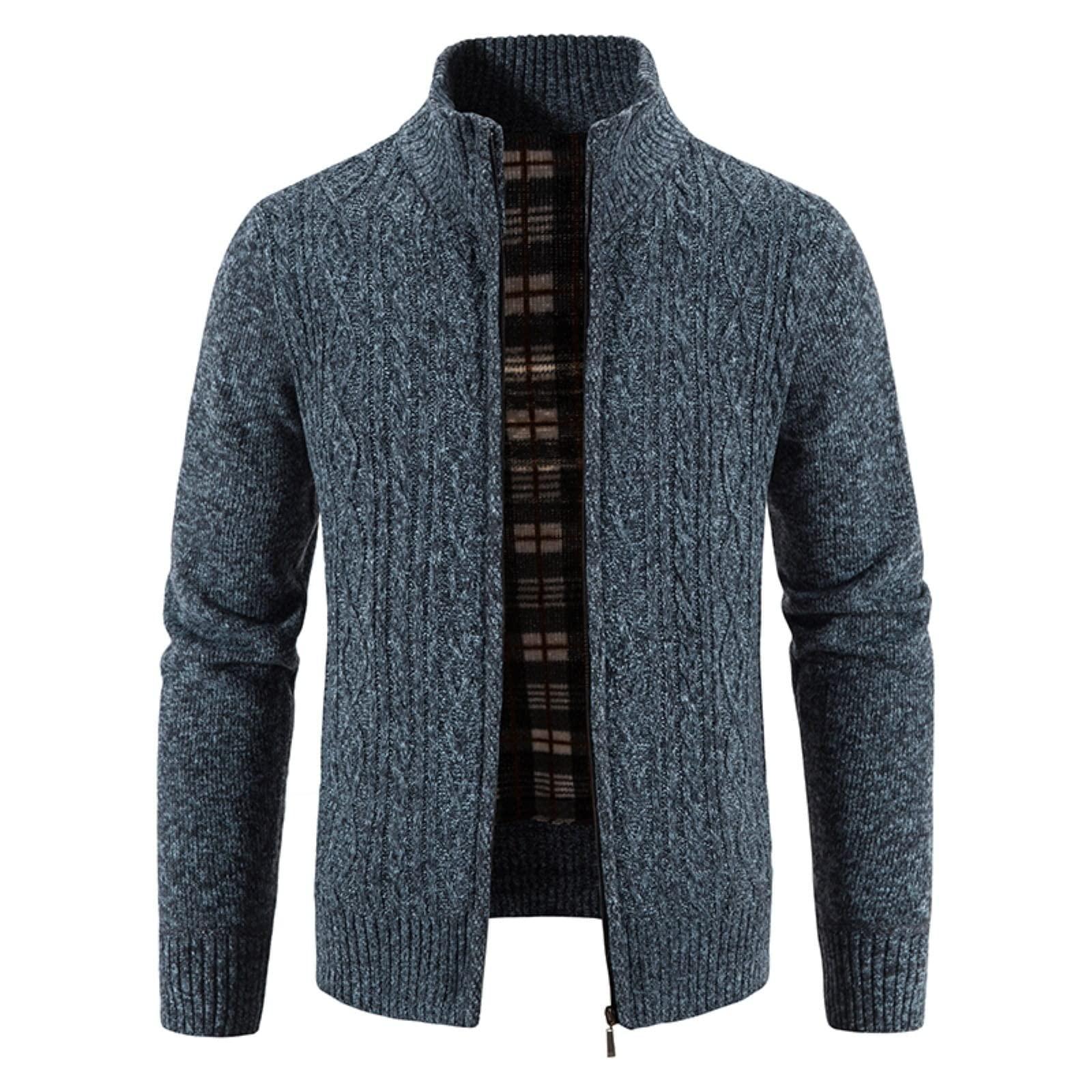 xoxingysm xoxingysm Mens Cardigan Sweaters Jacket Full Zip Mock Neck Solid Sweaters Cable Knitted Sherpa Fleece Lined Stand Collar Windproof Fishing Casual Cardigan Coat
