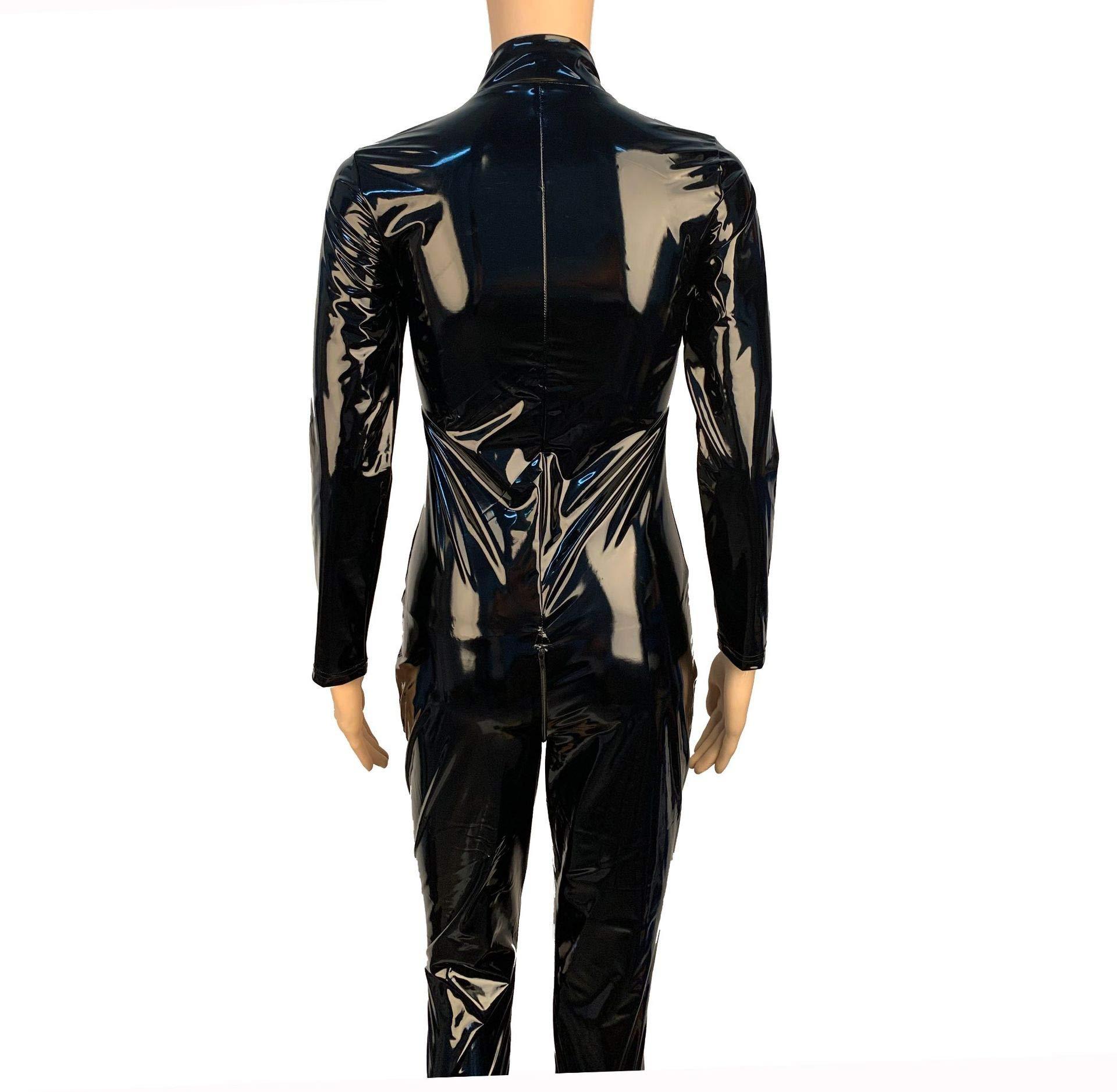 BERMEL BERMEL Women's Bodysuit Shiny Patent Black PVC Leather CatSuit Full Body Sexy Latex Tight Zipper Jumpsuit Rubber Clothing (5XL)
