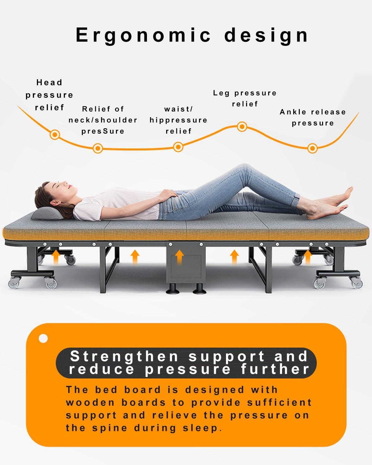 UPGENT Portable Folding Camping Cot, four fold Sleeping Cots Bed, thickened wooden Reclining Chaise, 6-speed head adjustment, folding bed with 8 universal wheels for Home, Office Nap and Outdoor ( Size : 190