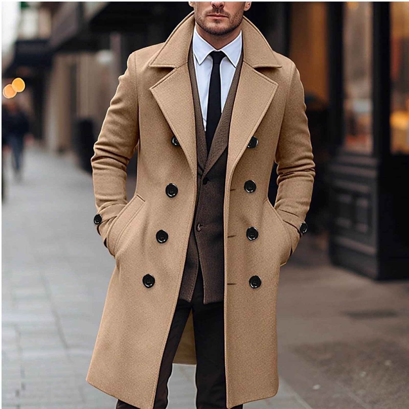 NineFit Basics Trench Coat Men Slim Fit Winter Warm Double Breasted Notch Lapel Wool Blend Long Coat Fashion Solid Overcoat Jackets
