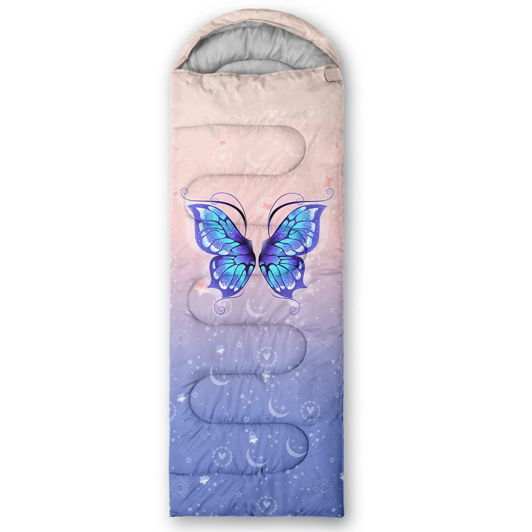 BSNTHO BSNTHO Blue Butterfly Printed Camping Sleeping Bags,3 Season Warm & Cool Weather,Lightweight, Sleeping Bags for Adults & Kids,Traveling,and Outdoors,Camping Gear Equipment,31x90inch,Standard