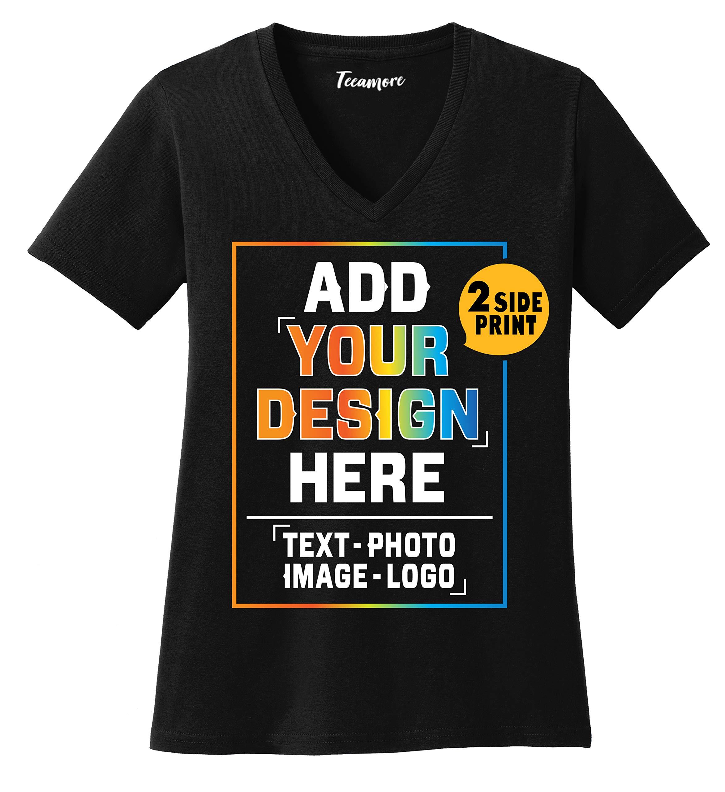 TEEAMORE Women Custom V Neck T Shirts Design Your Own Add Picture Photo Text Two Sided Black