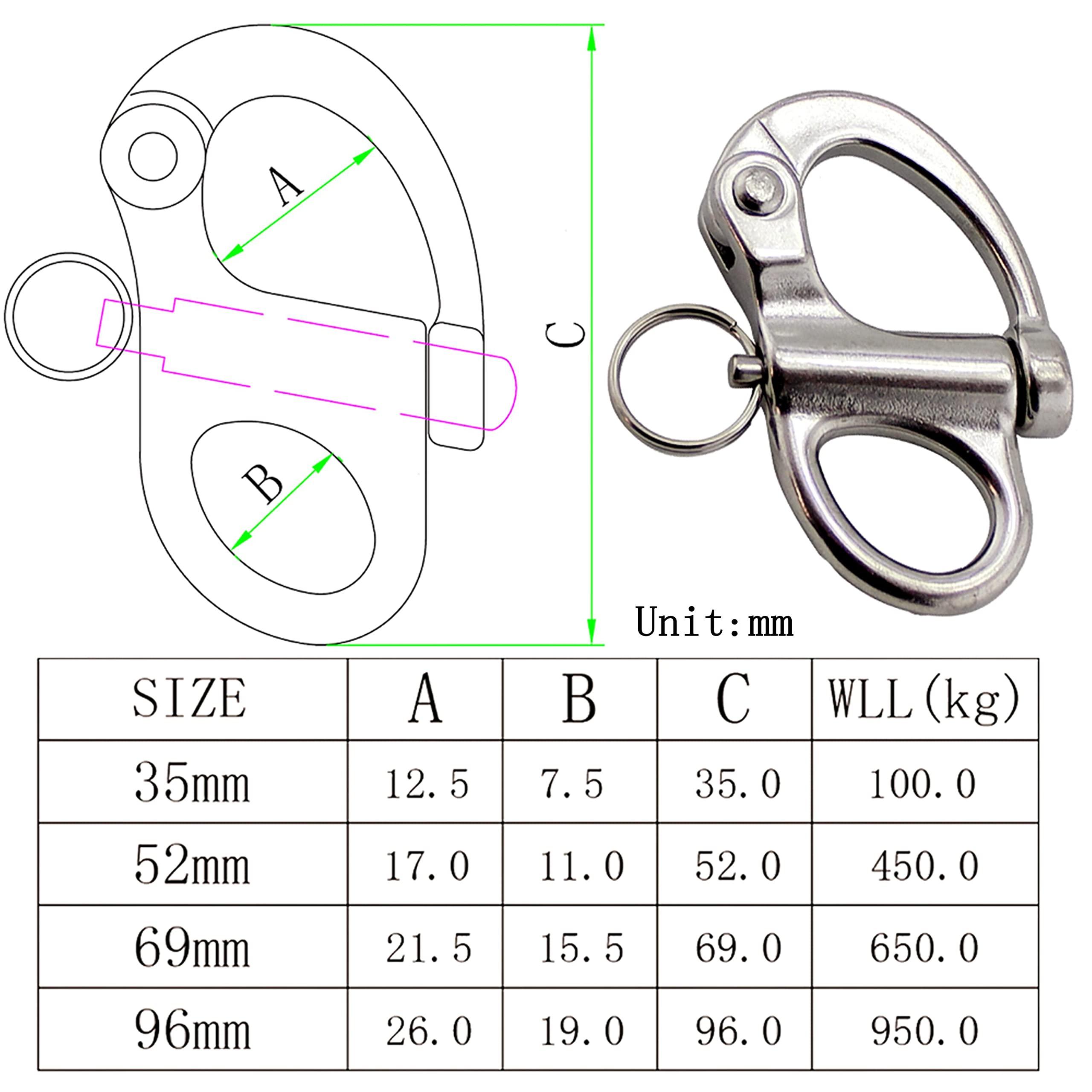 chuxing 2/4 Pcs Marine 316 Stainless Steel Fixed Eye Snap Shackle, Quick Release Boat Anchor Chain Eye Jaw Swivel Stainless Snap Shackle Hook (4, 52mm)