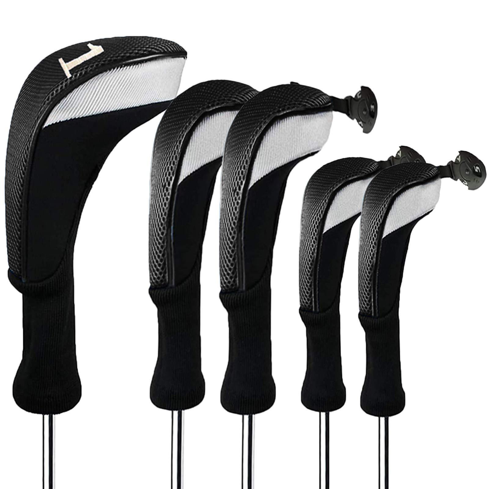 FINGER TEN FINGER TEN Golf Club Head Covers Woods Driver Fairway Hybrid 3/4/5 Set, Headcovers Men 1 3 5 7 X Interchangeable Number Tag, Fit All Wood Clubs (5 Pack-Black(1D+2F+2H))