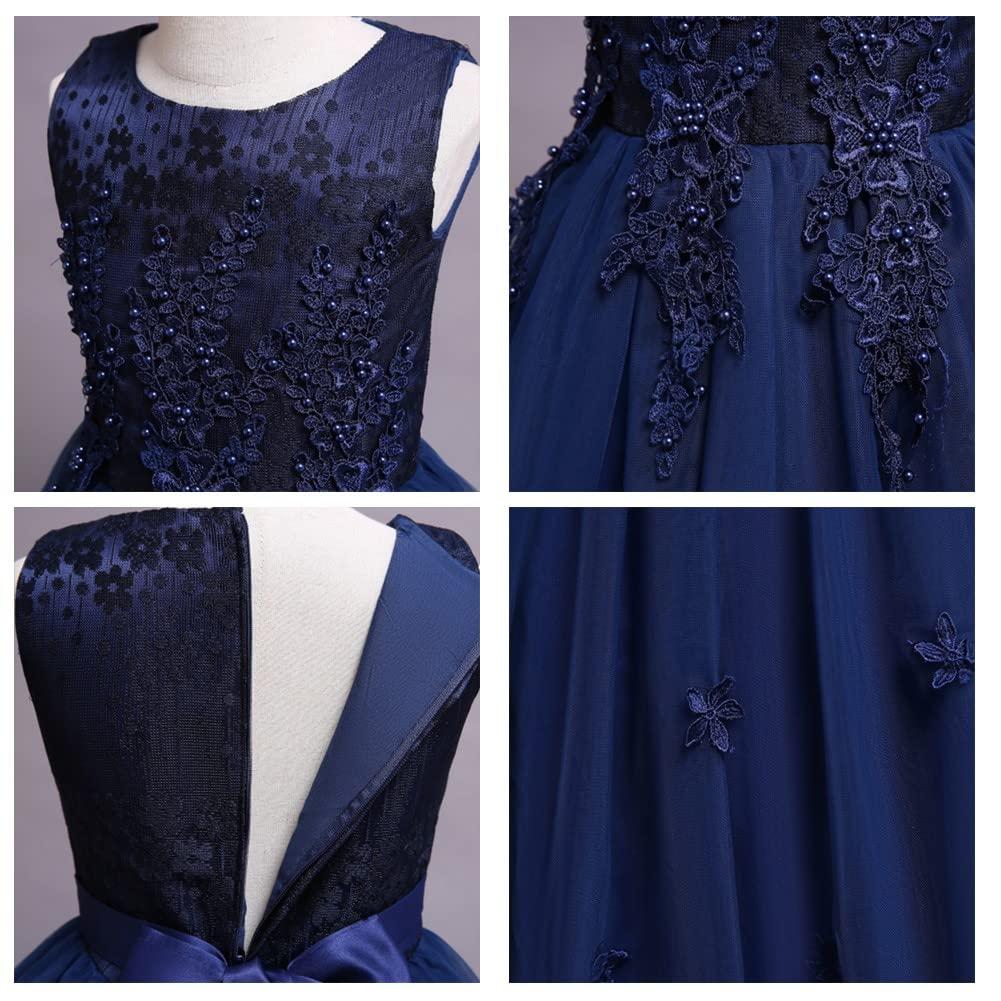 MYRISAM MYRISAM Girls Embroidered Lace Flower Dress Sleeveless Wedding Party Prom Princess Birthday Pageant Evening Long Tulle Gown Navy Blue 12-13T
