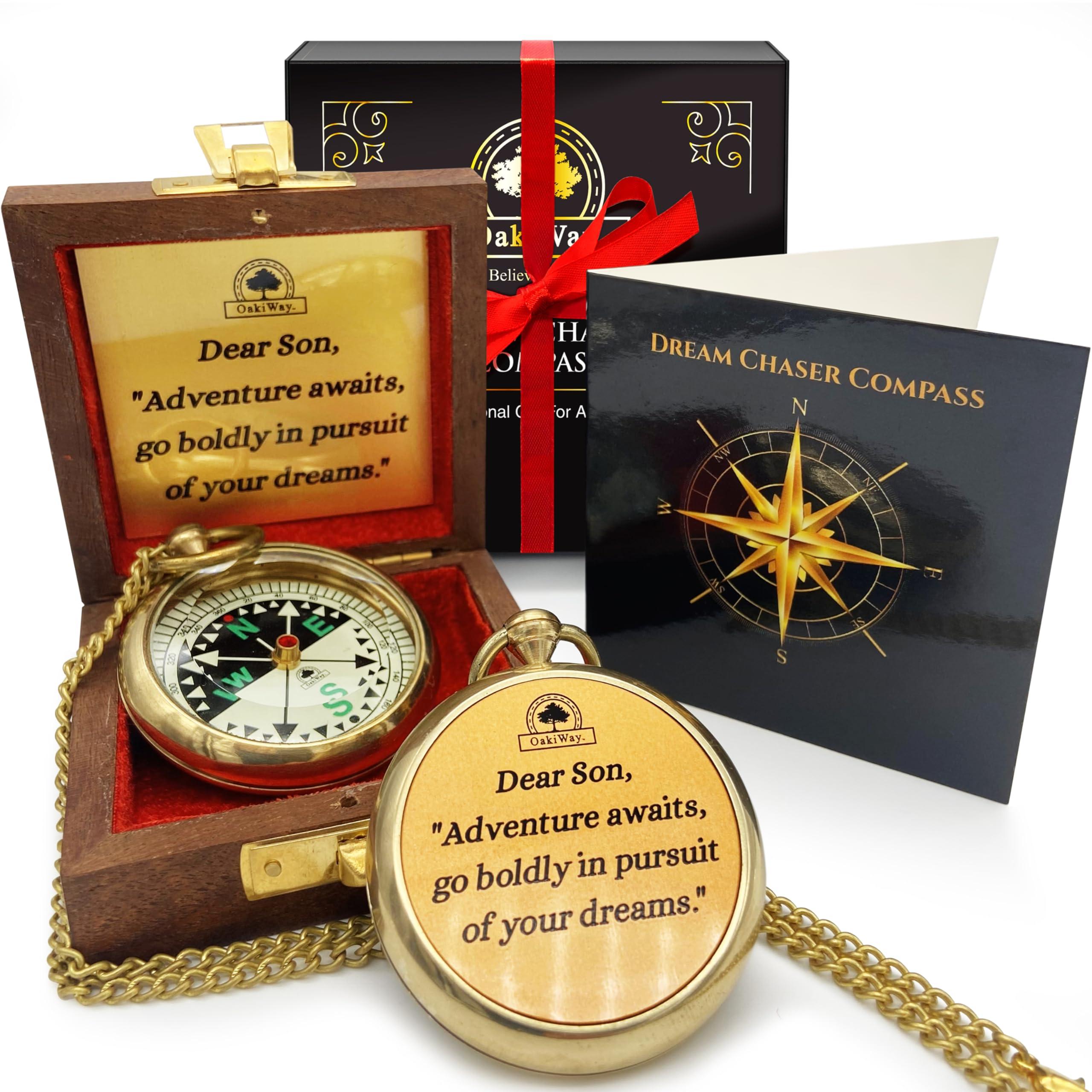 OakiWay The Dream Chaser Compass in Wooden Box - Son Graduation Gift, Birthday, Bday Gifts for Him, Inspirational, Motivational, 2025 College Graduates, Grandson - Greeting Card Included