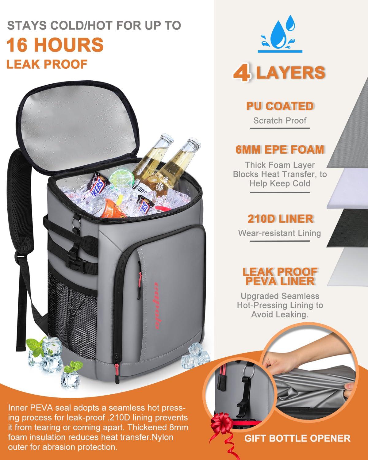 Capolo Capolo Cooler Backpack Insulated Waterproof for Women Men, Leak Proof Backpack Coolers Thermal Bag Soft Travel Cooler Bag Portable Ice Chest Lunch Backpack for Camping Picnic(Leather Gray,45 Cans)