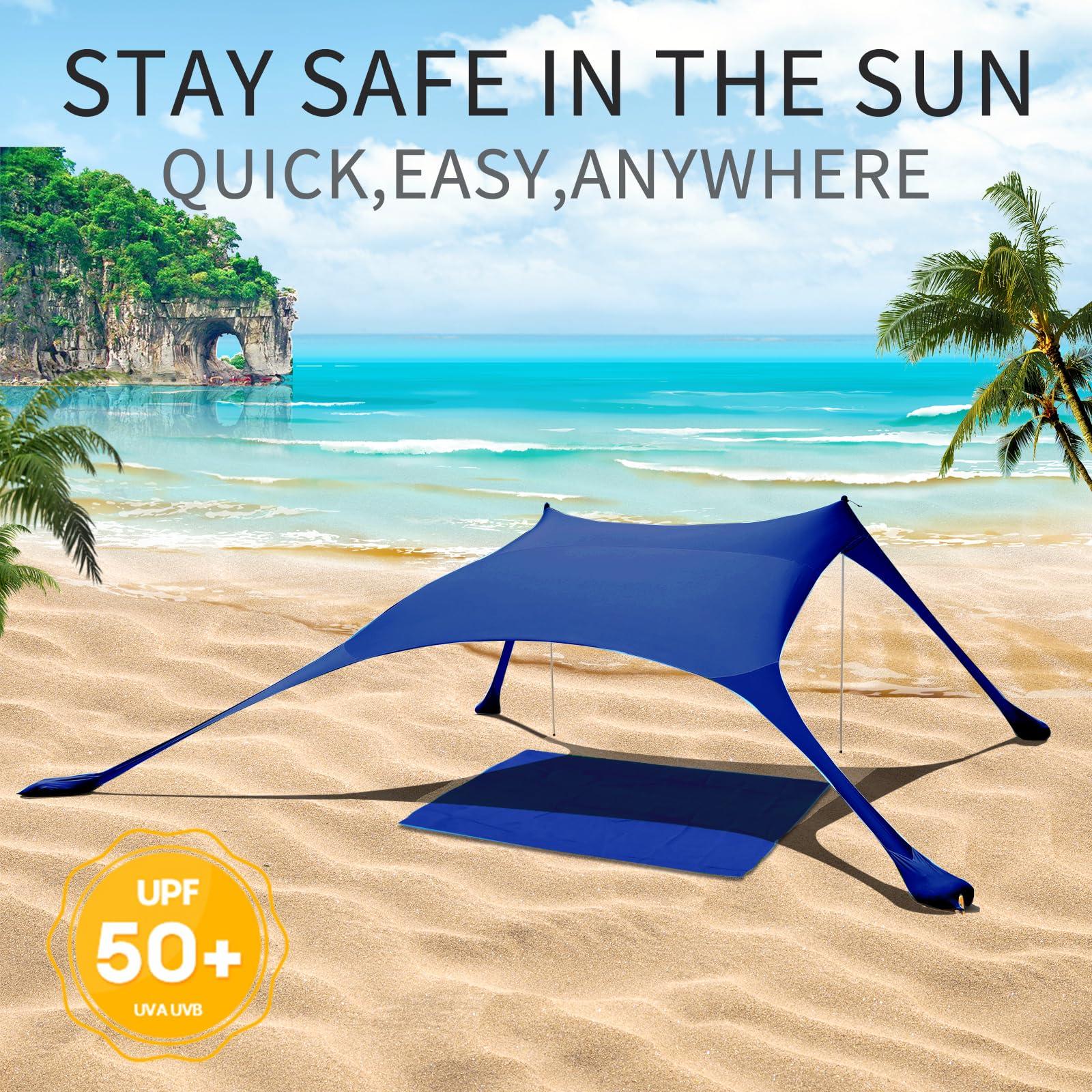 CUUPO 77 FT Beach Tent Sun Shelter UPF50+ UV Protection, Outdoor Canopy Tent Sun Shade with 2 Poles for Camping, Beach, Fishing, Backyard and Picnics Navy